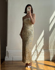 Vintage 90s Strapless Cream Ribbon Bead Embroidered Midi