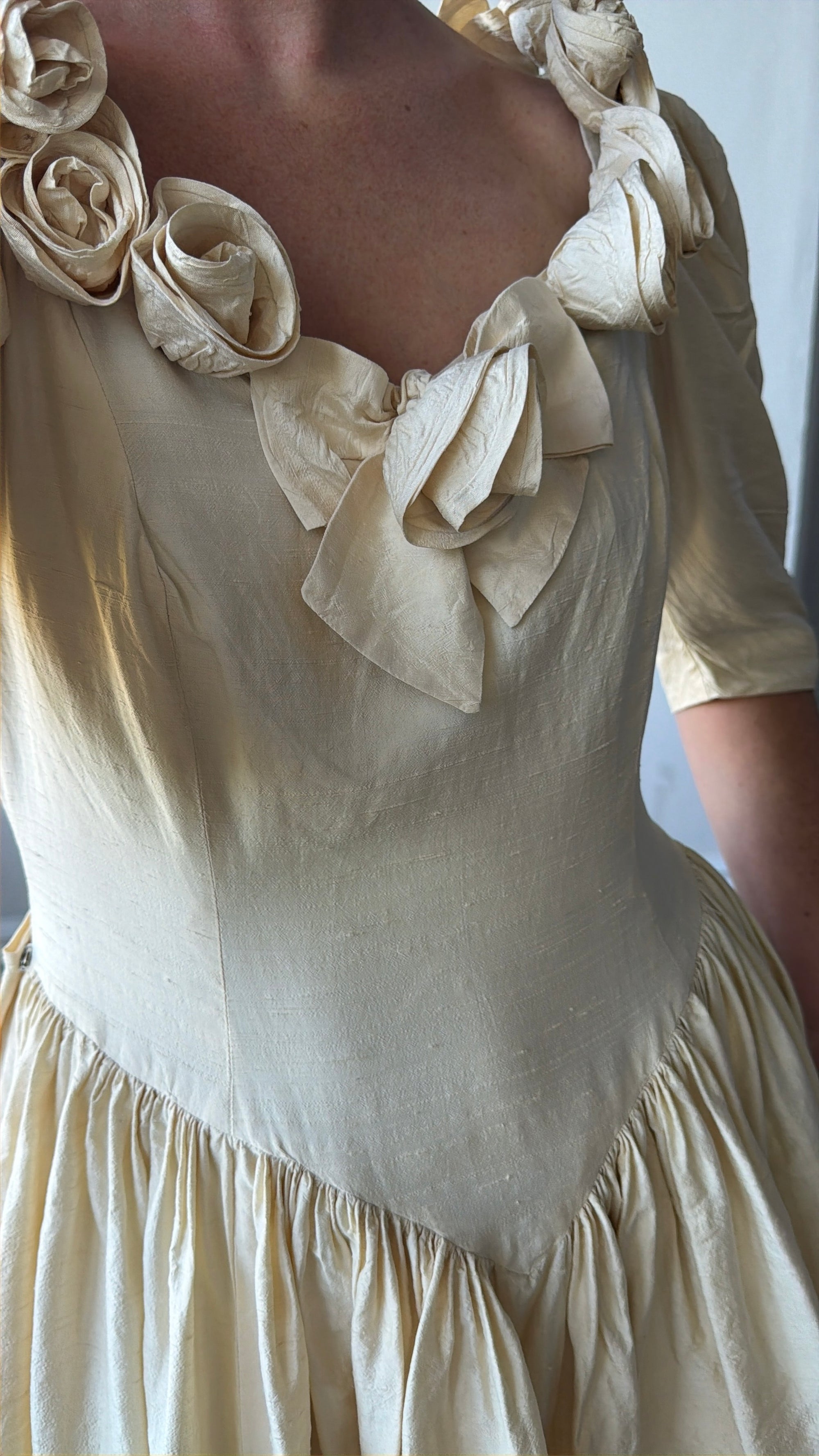 Vintage 90s Silk Dupion Rosette Bridal Midi Gown