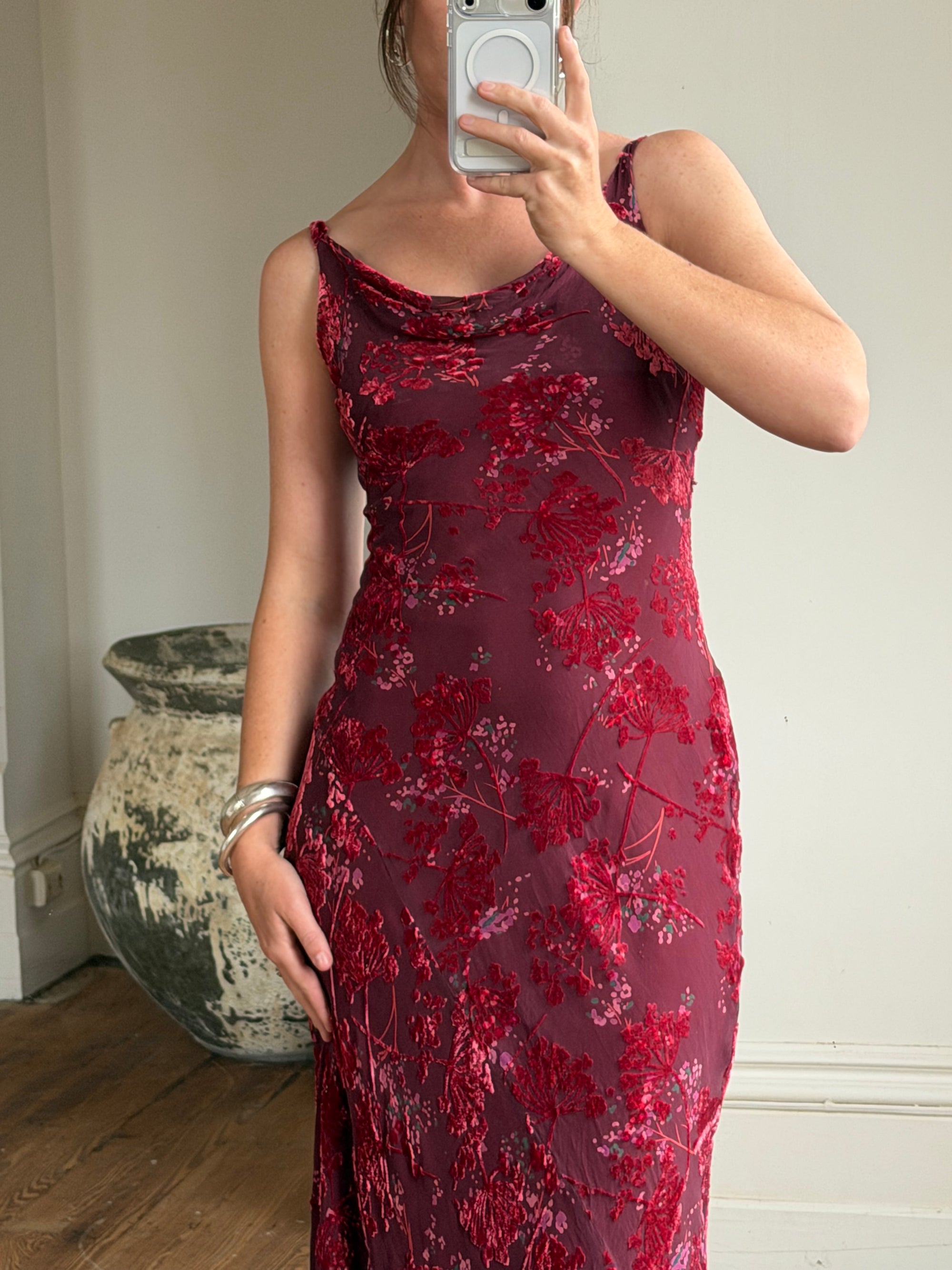 Vintage 90s Burnt Velvet Cowl Neck Dress Plum