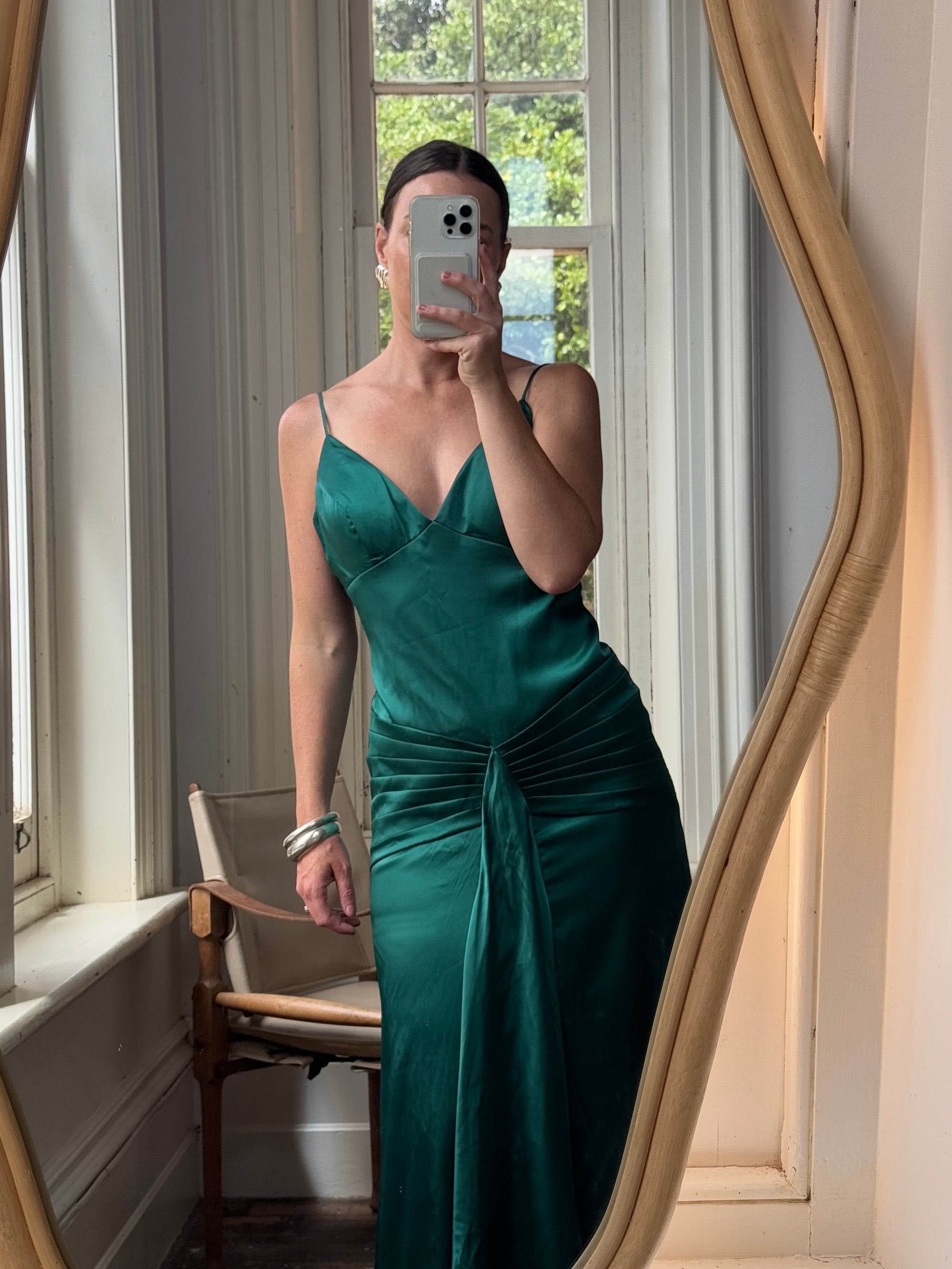 Vintage 90s Satin Drop Waist Evening Dress Teal