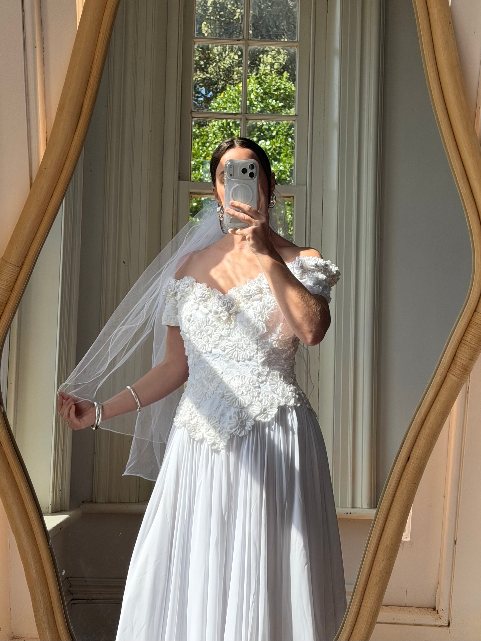 Vintage 80s 3D Floral Off Shoulder Bridal Gown and Veil