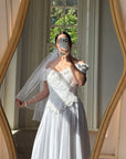 Vintage 80s 3D Floral Off Shoulder Bridal Gown and Veil