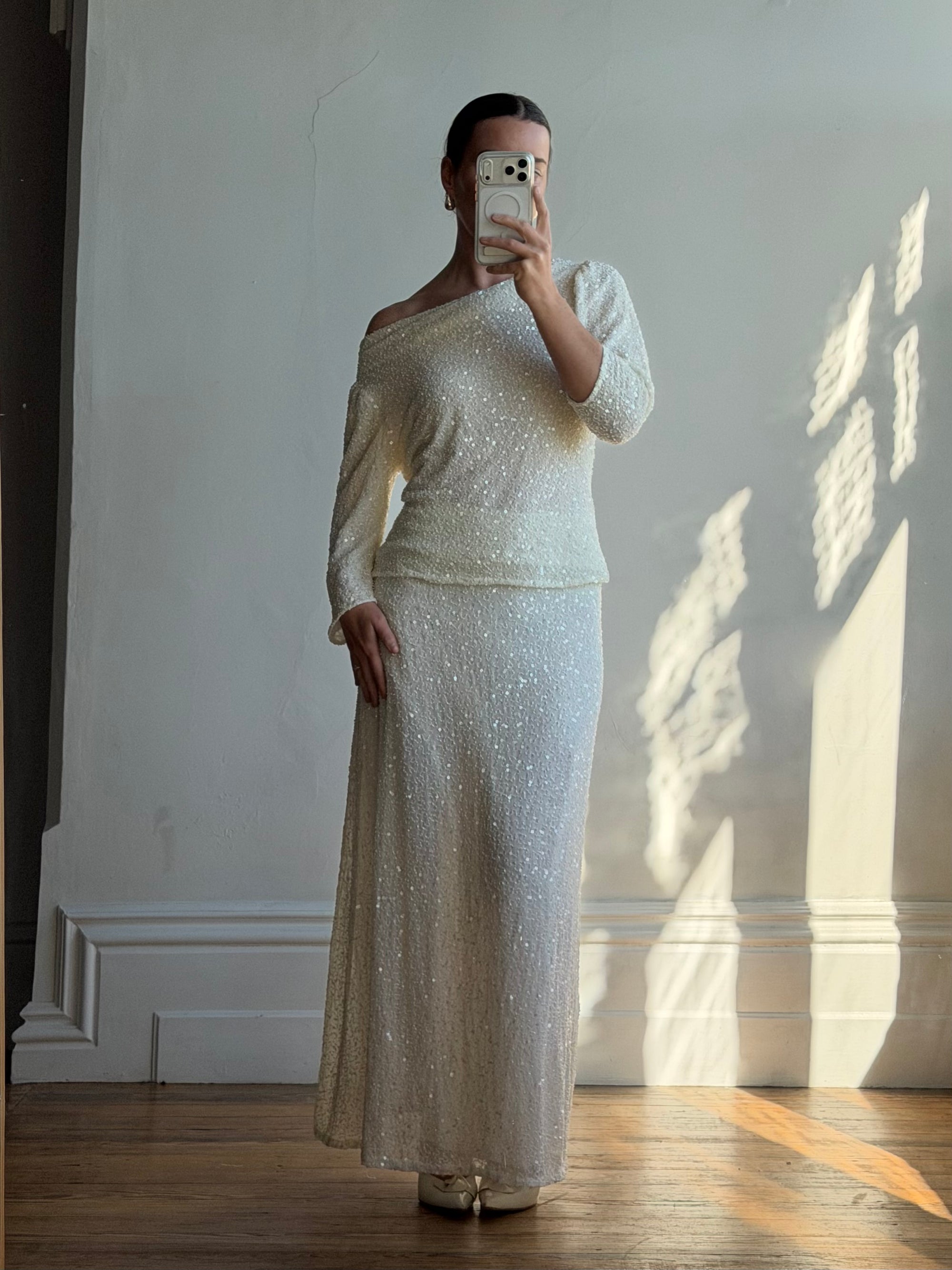 Vintage 80s Sequin Pure Silk Two Piece Bridal Set