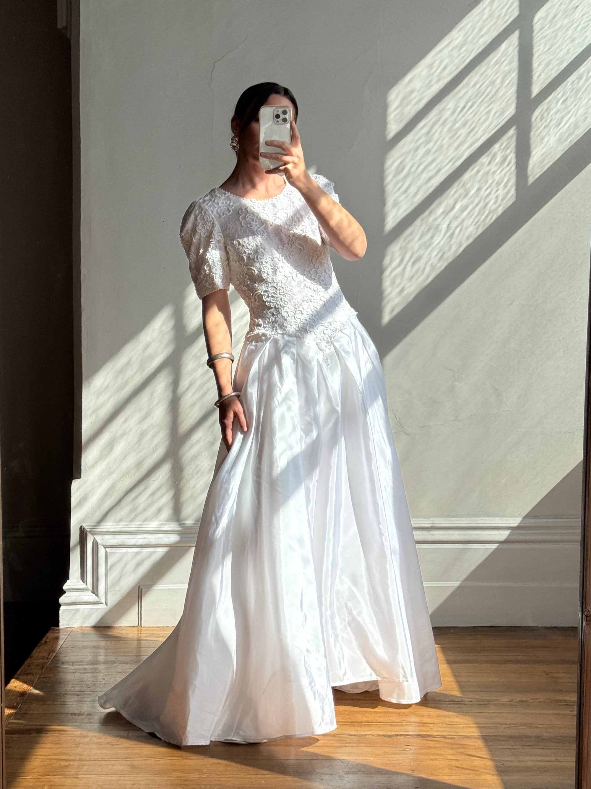 Vintage 80s Rope Embroidered Taffeta Wedding Gown