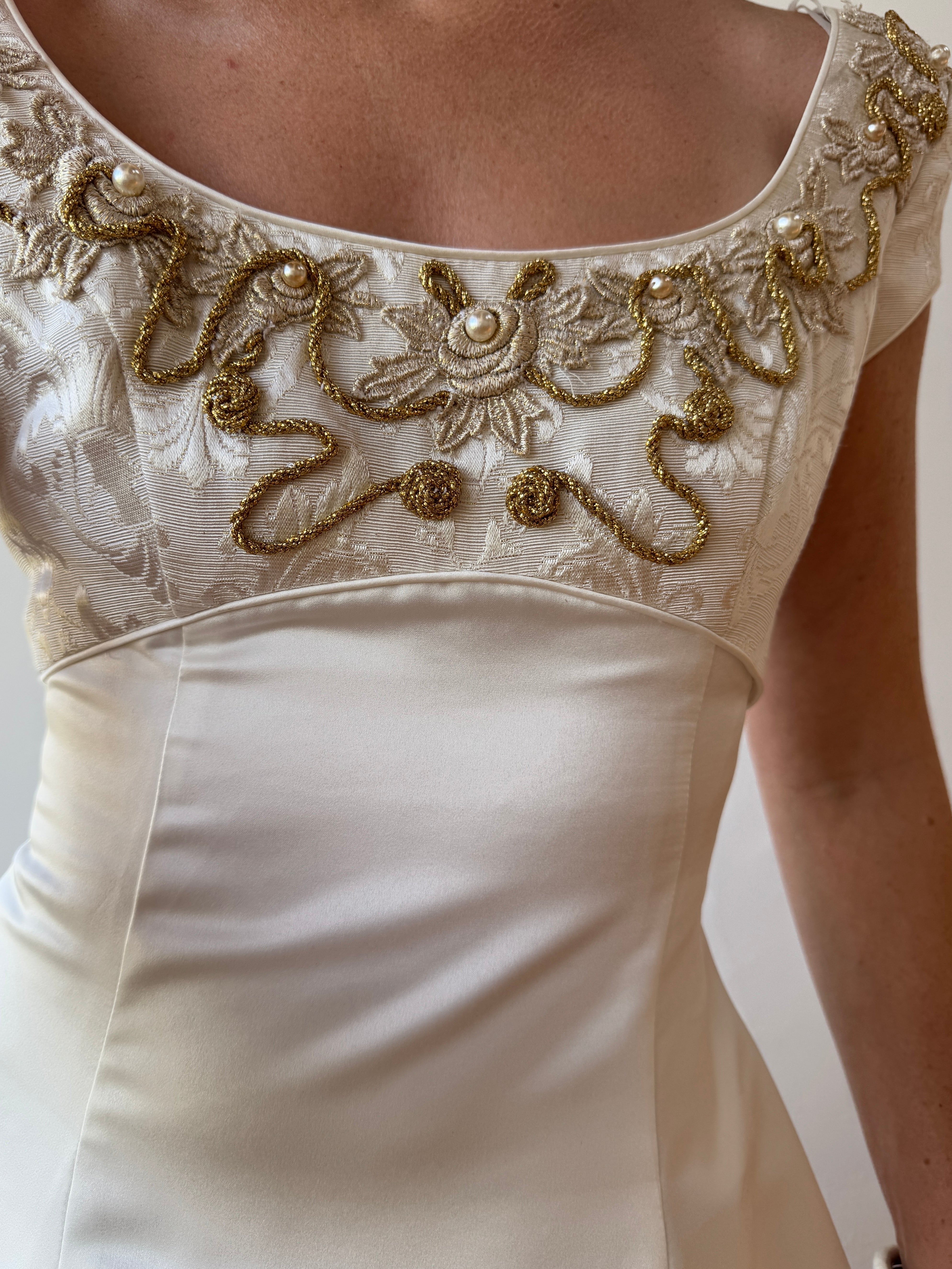 Vintage 90s Golden Brocade Cap Sleeve Wedding Gown