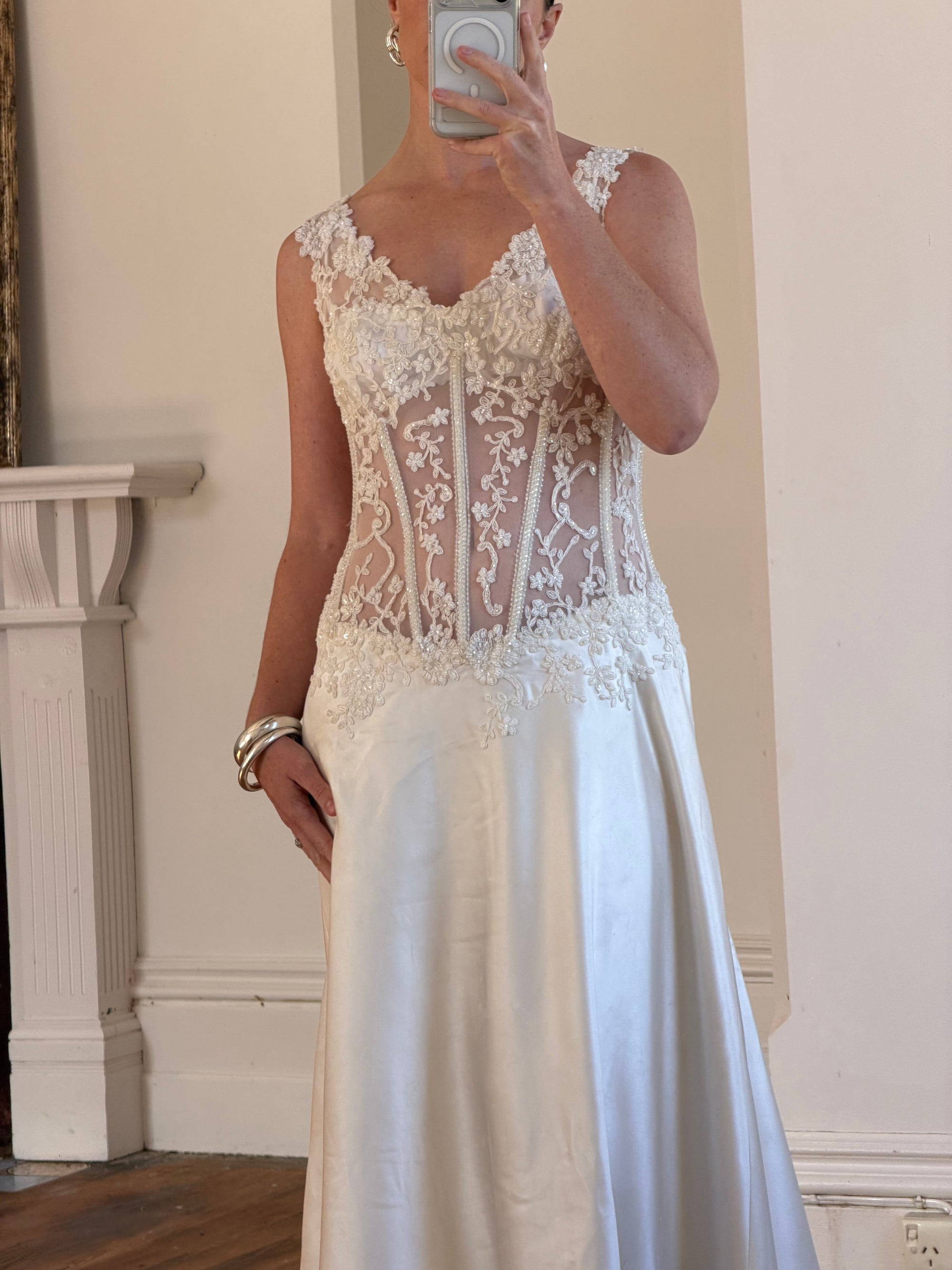 Vintage 90s Italian Naked Embroidered Satin Wedding Dress