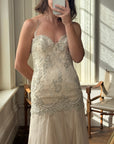 Vintage 90s Pure Silk Drop Waist Beaded Halter Gown with Cathedral Train