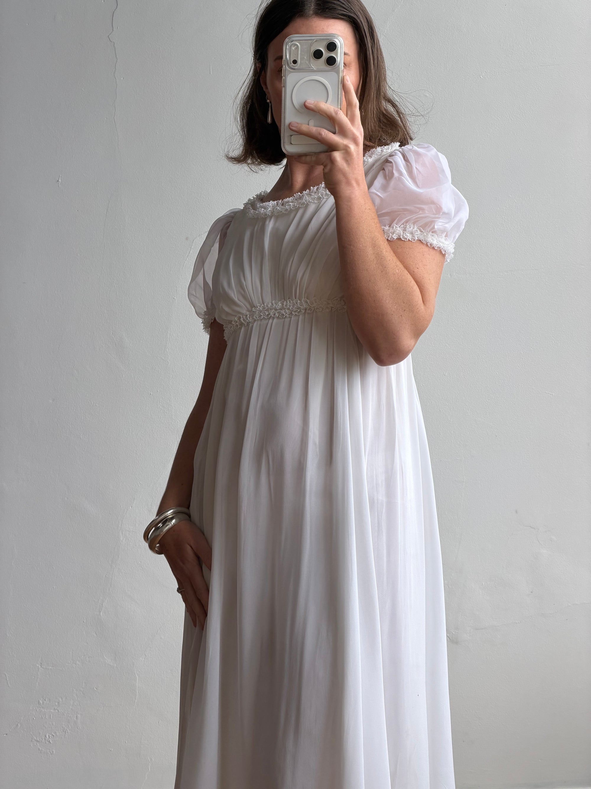Vintage 70s White Chiffon Smocked Puff Sleeve Wedding Dress