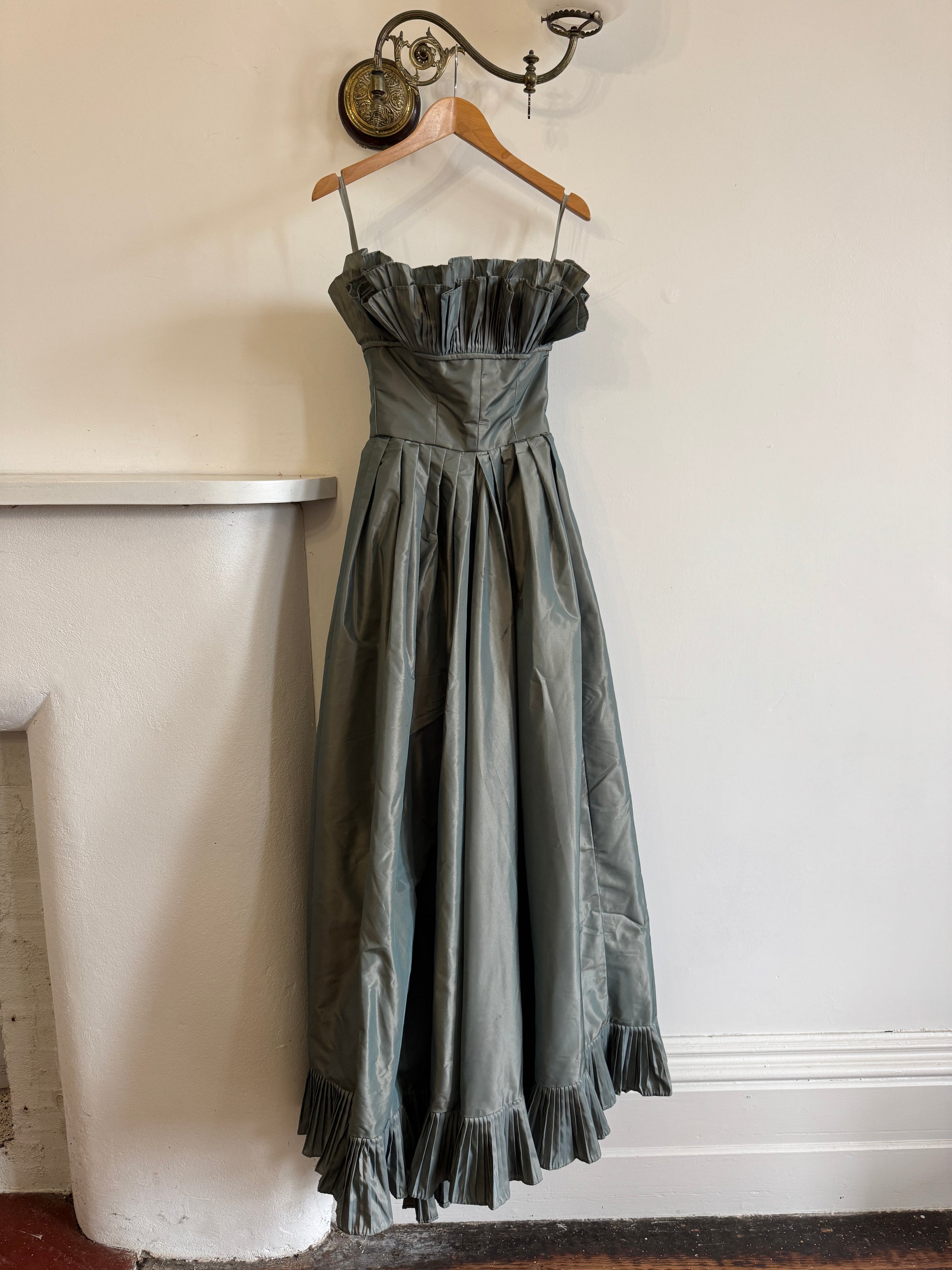 Vintage 80s Taffeta Pleated Strapless Gown Slate