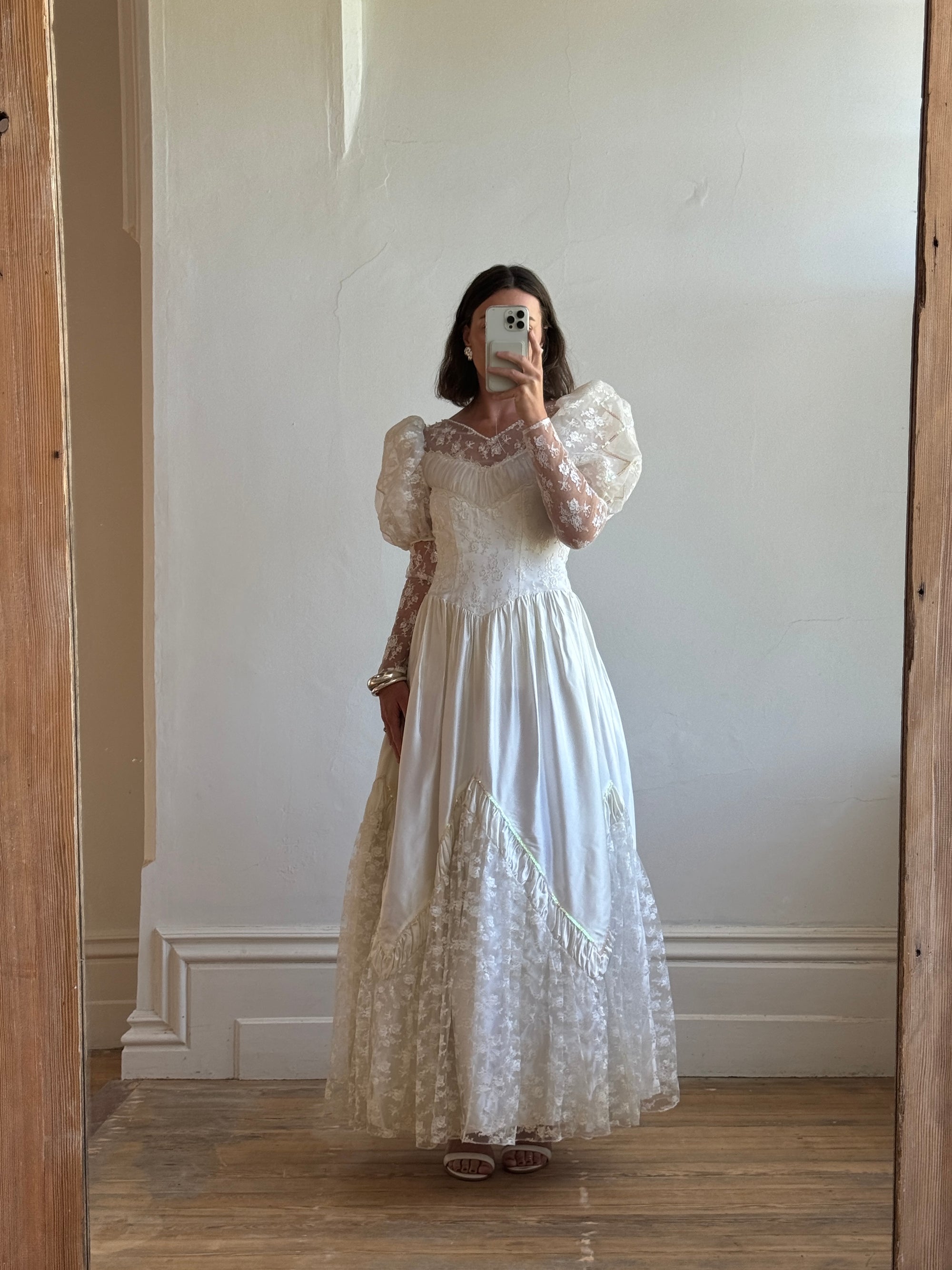 Vintage 80s Lace Satin Sequin Panelled Wedding Gown
