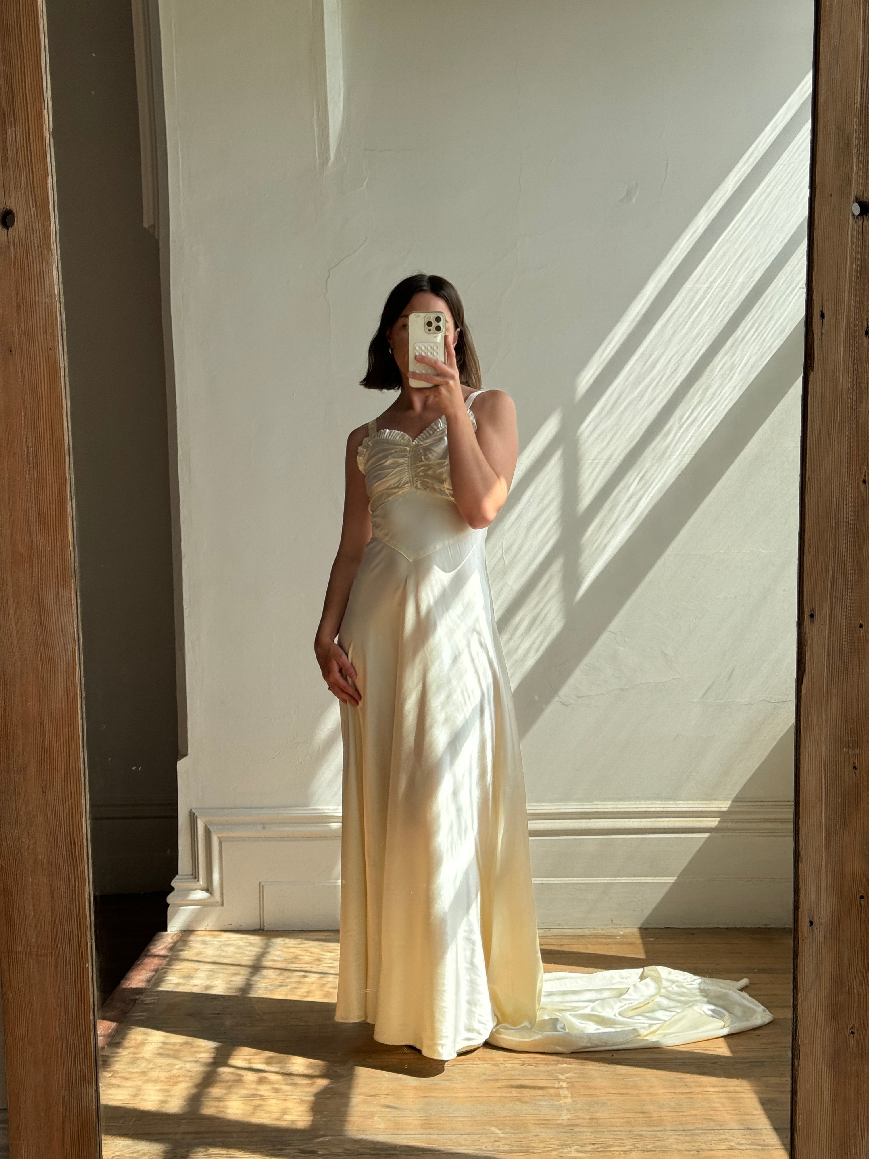 Vintage 30s Creme Liquid Satin Dress with Train and Jacket