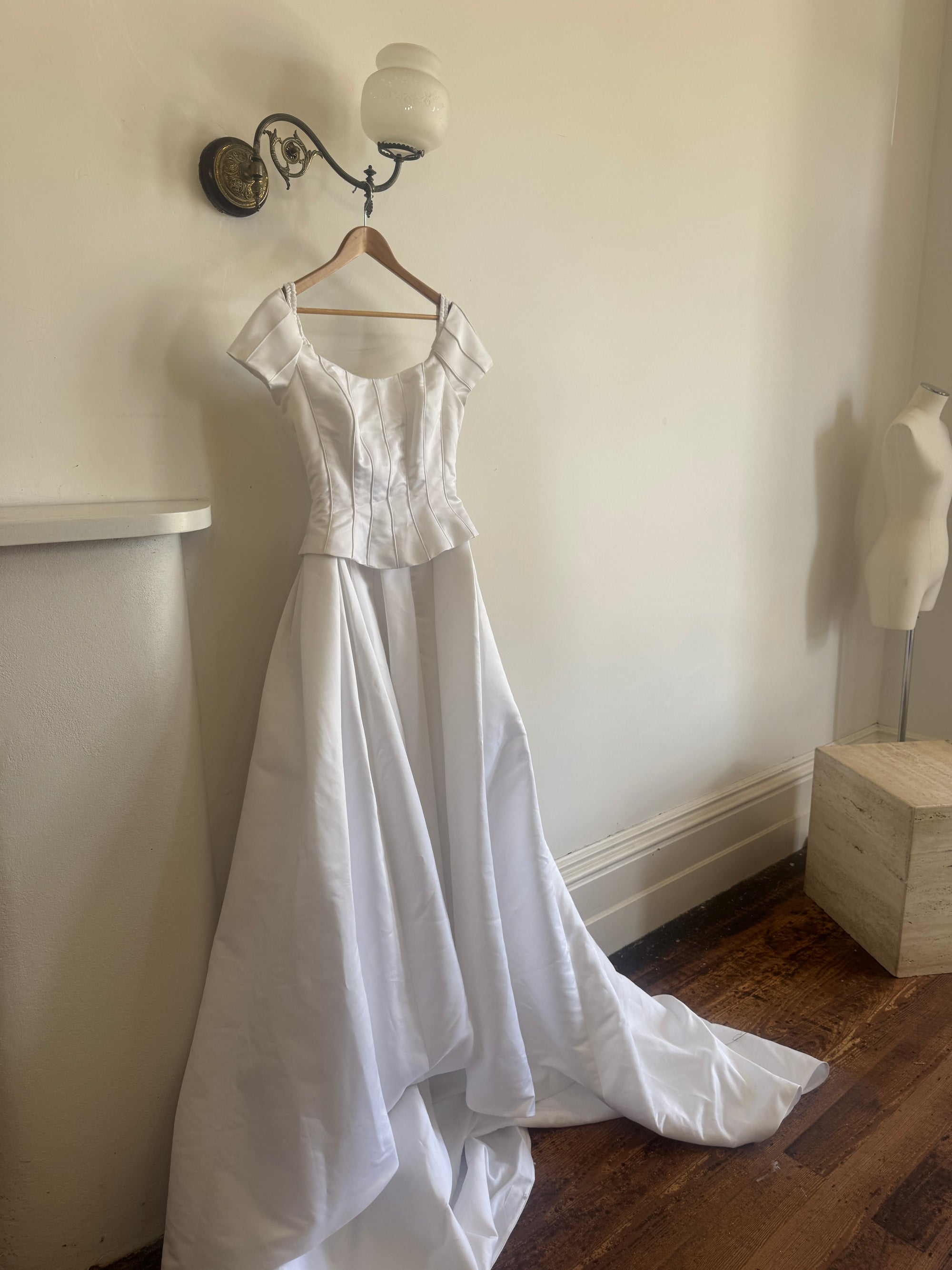 Vintage 90s Off Shoulder Box Pleat Wedding Gown
