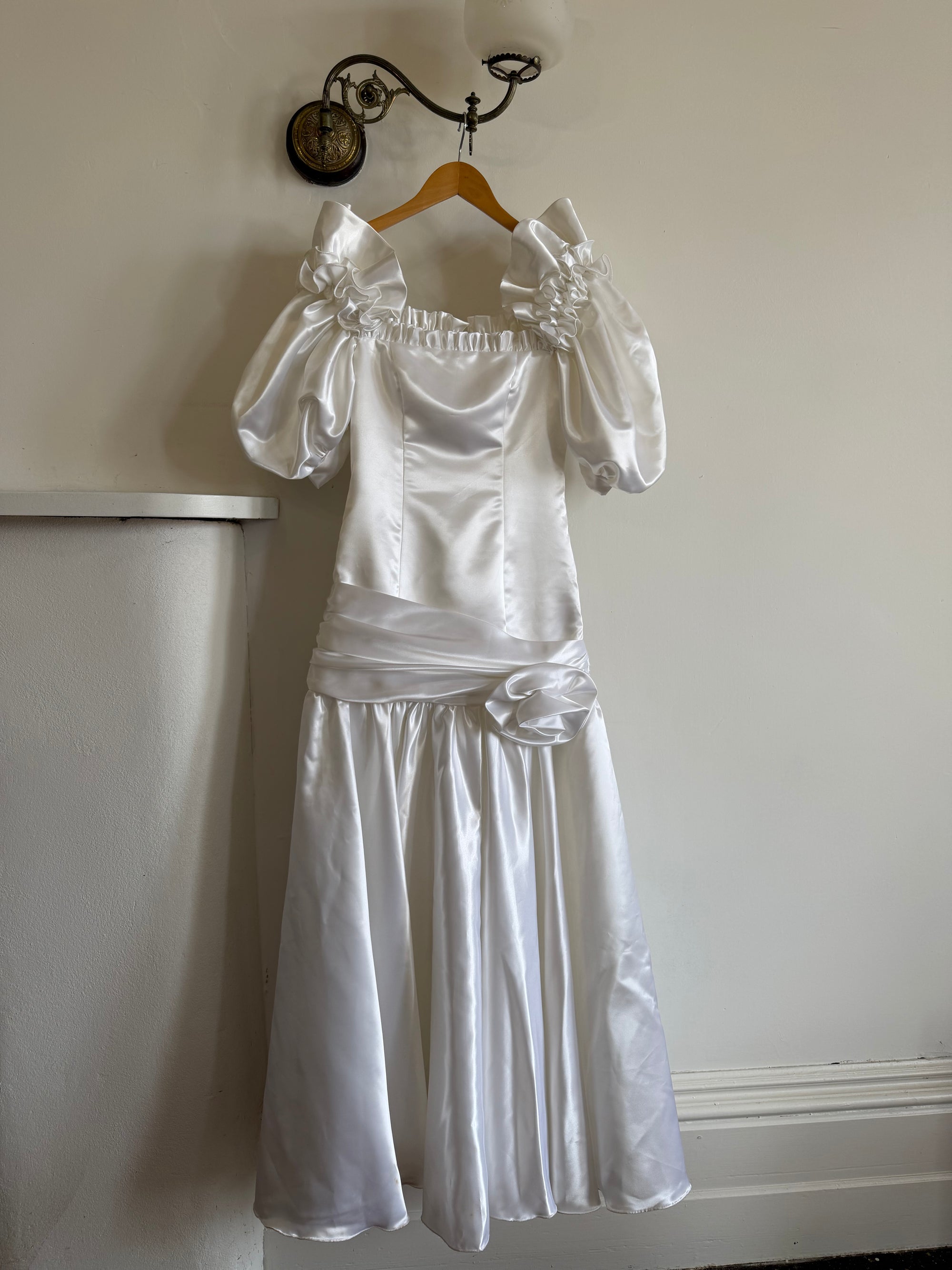 Vintage 80s Satin Drop Waist Wedding Gown