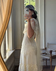 Vintage 70s Creme Tiered Lace Wedding Dress with Pleats