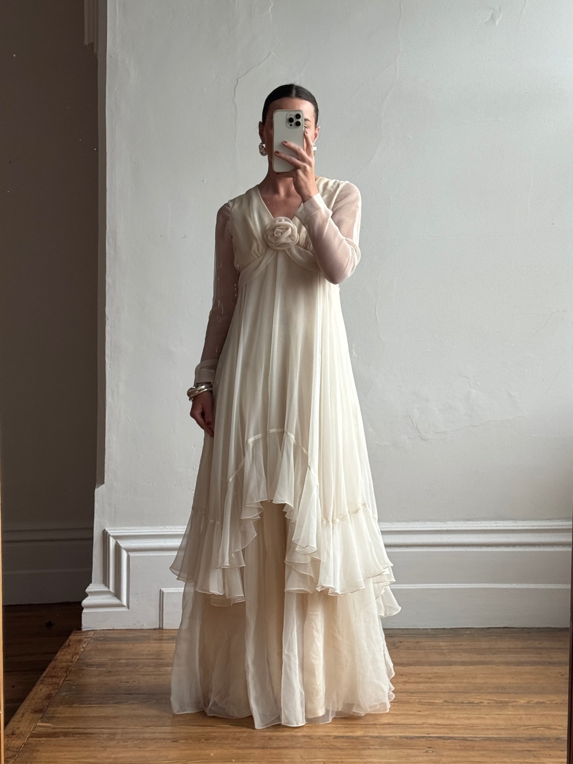 Vintage 70s Chiffon Rosette Wedding Dress Creme