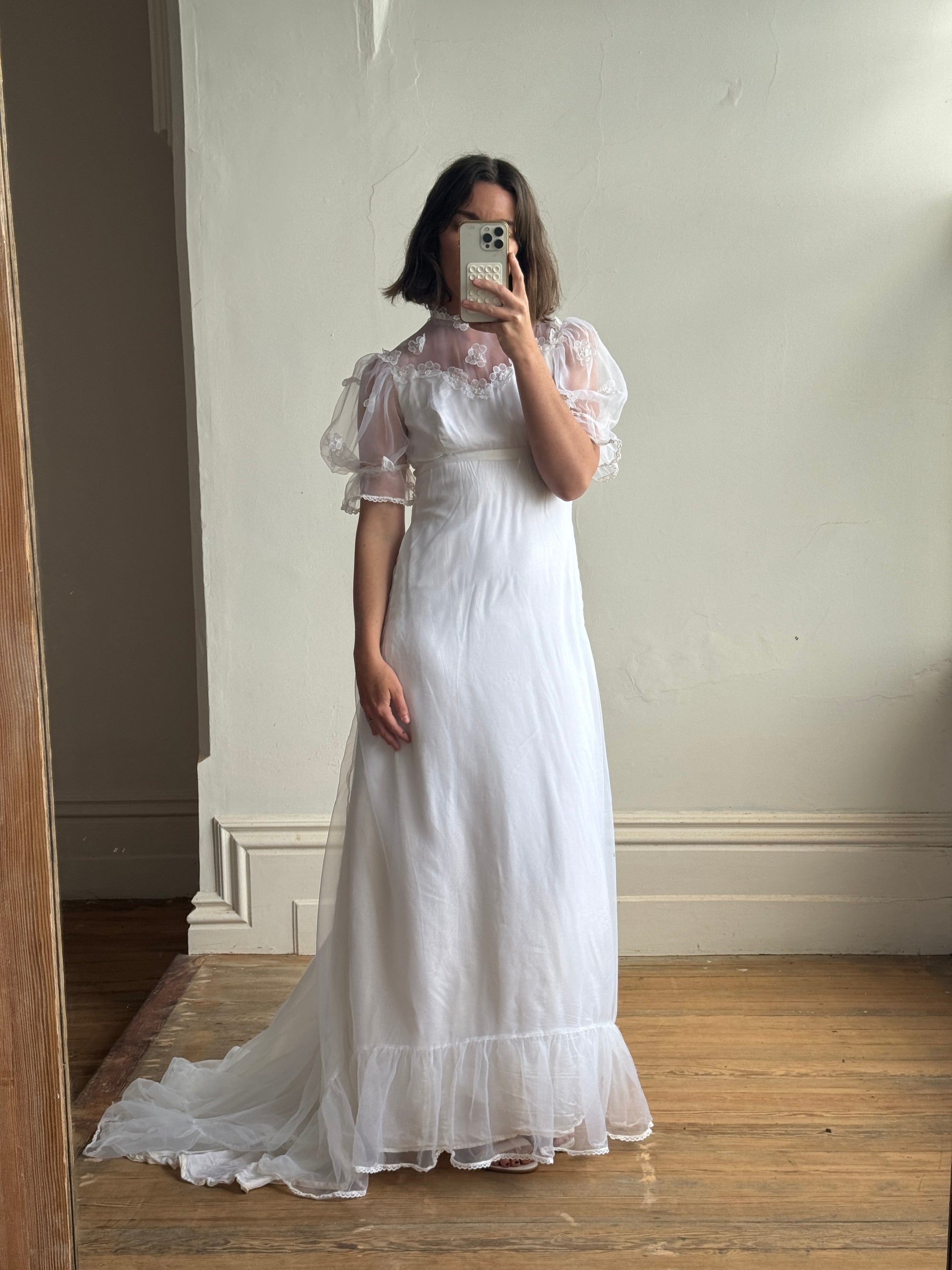 Vintage 60s Empire Organza Floral Wedding Dress