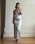 Vintage 90s Baby Blue Satin Embroidered Floral Column Midi