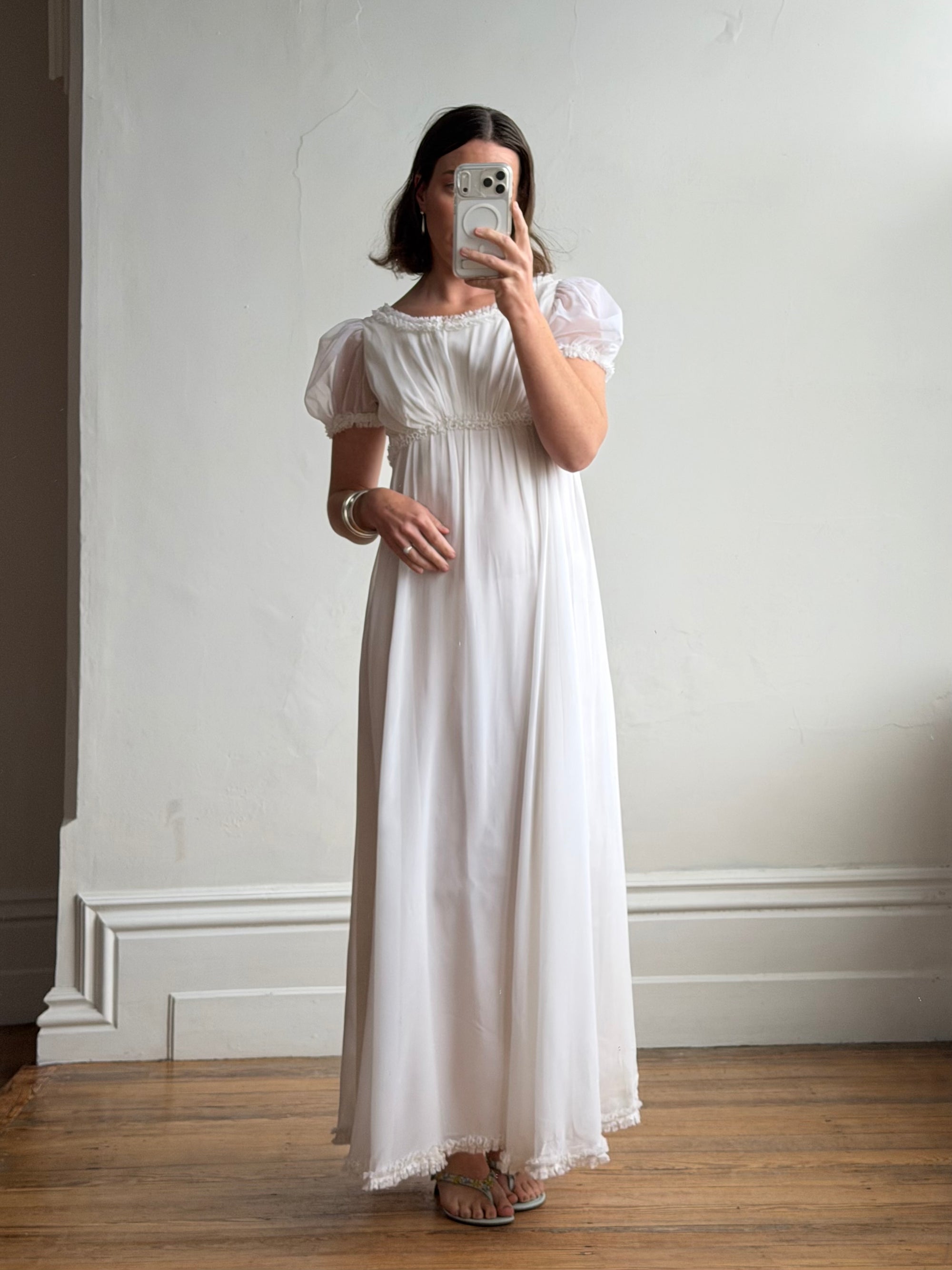 Vintage 70s White Chiffon Smocked Puff Sleeve Wedding Dress