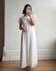 Vintage 70s White Chiffon Smocked Puff Sleeve Wedding Dress