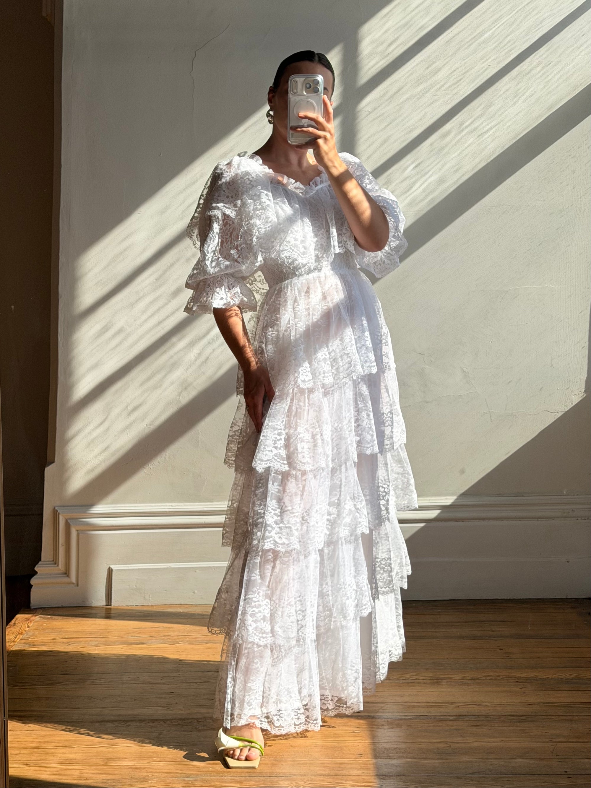Vintage 70s Tiered Lace Wedding Dress Crisp White