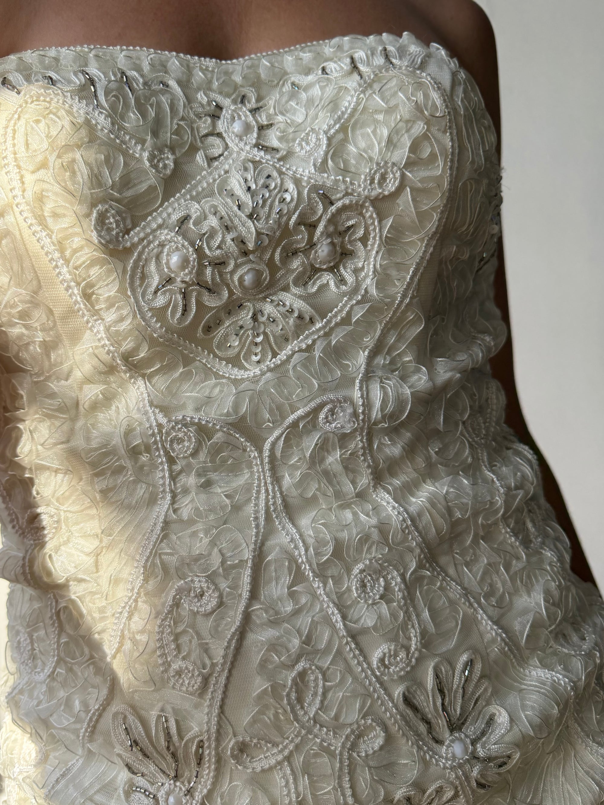 Vintage 90s Ribbon Crochet Embroidered Mini Dress