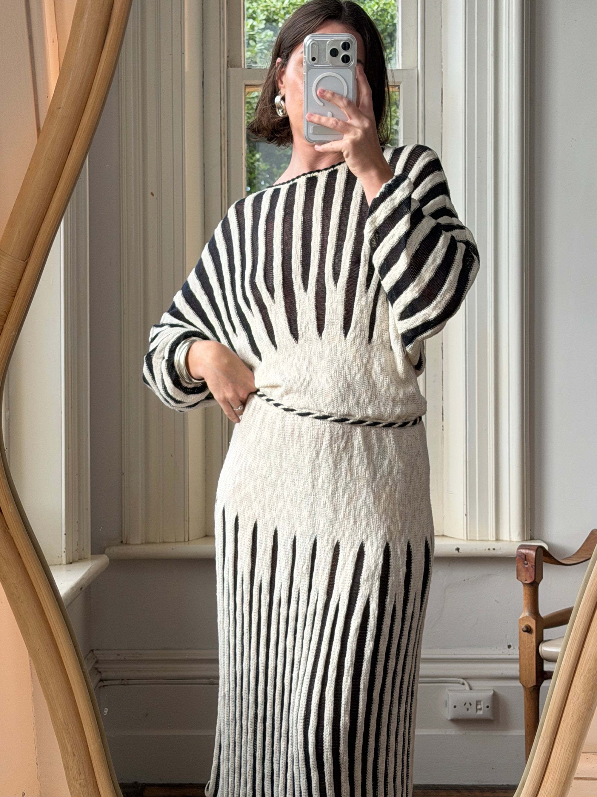 Vintage 70s Knit Batwing Midi Dress Black and Cream