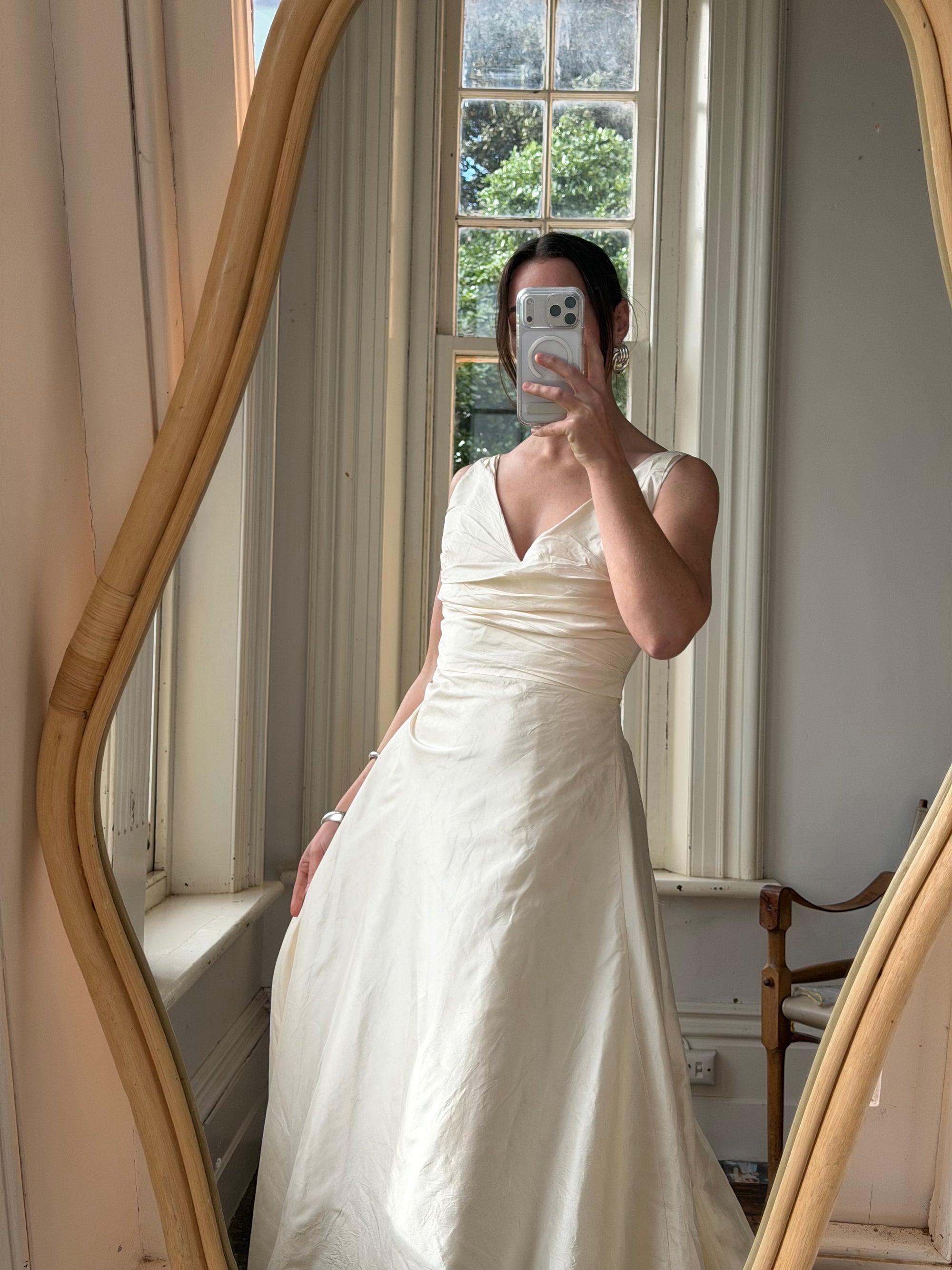Vintage 90s Ivory Silk V-Neck A-Line Wedding Gown
