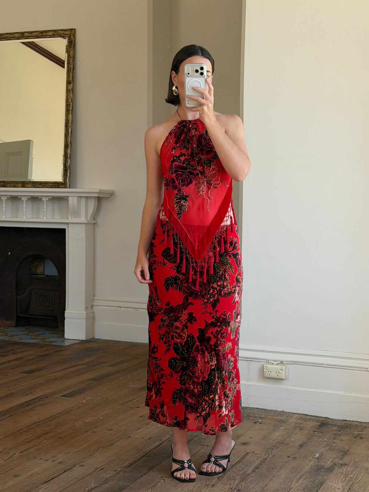 Vintage Y2K Burnt Velvet Beaded Fringe Halter and Skirt Set Crimson