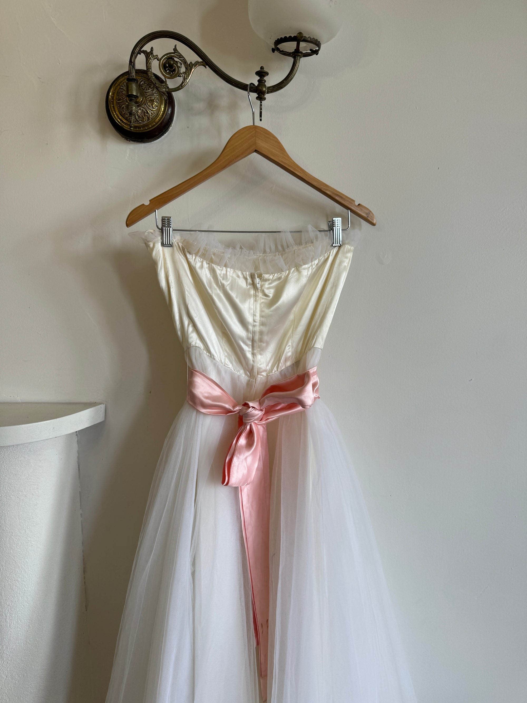 Vintage 80s Cupcake Tulle Dress With Salmon Waist Tie