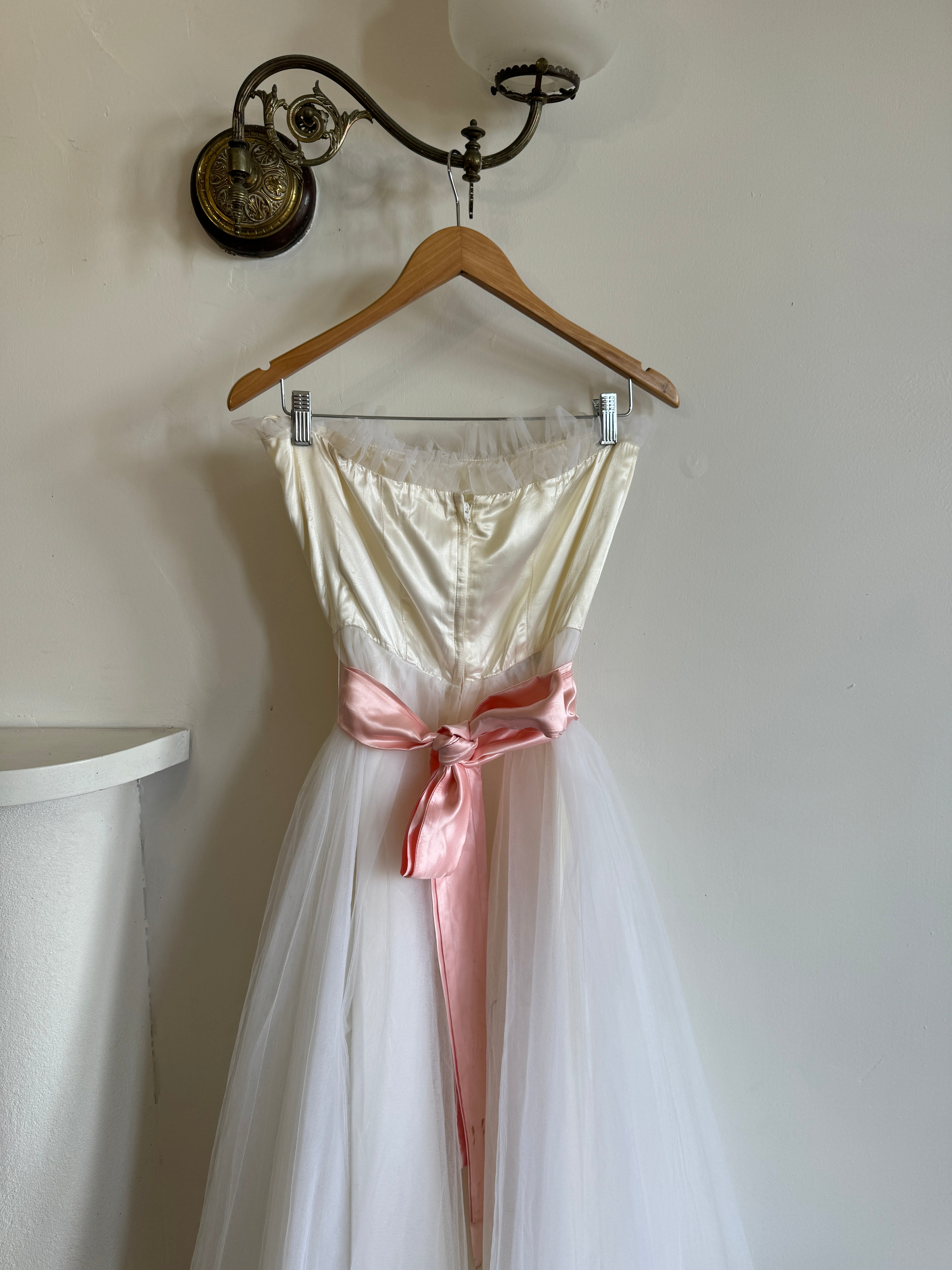 Vintage 80s Cupcake Tulle Dress With Salmon Waist Tie