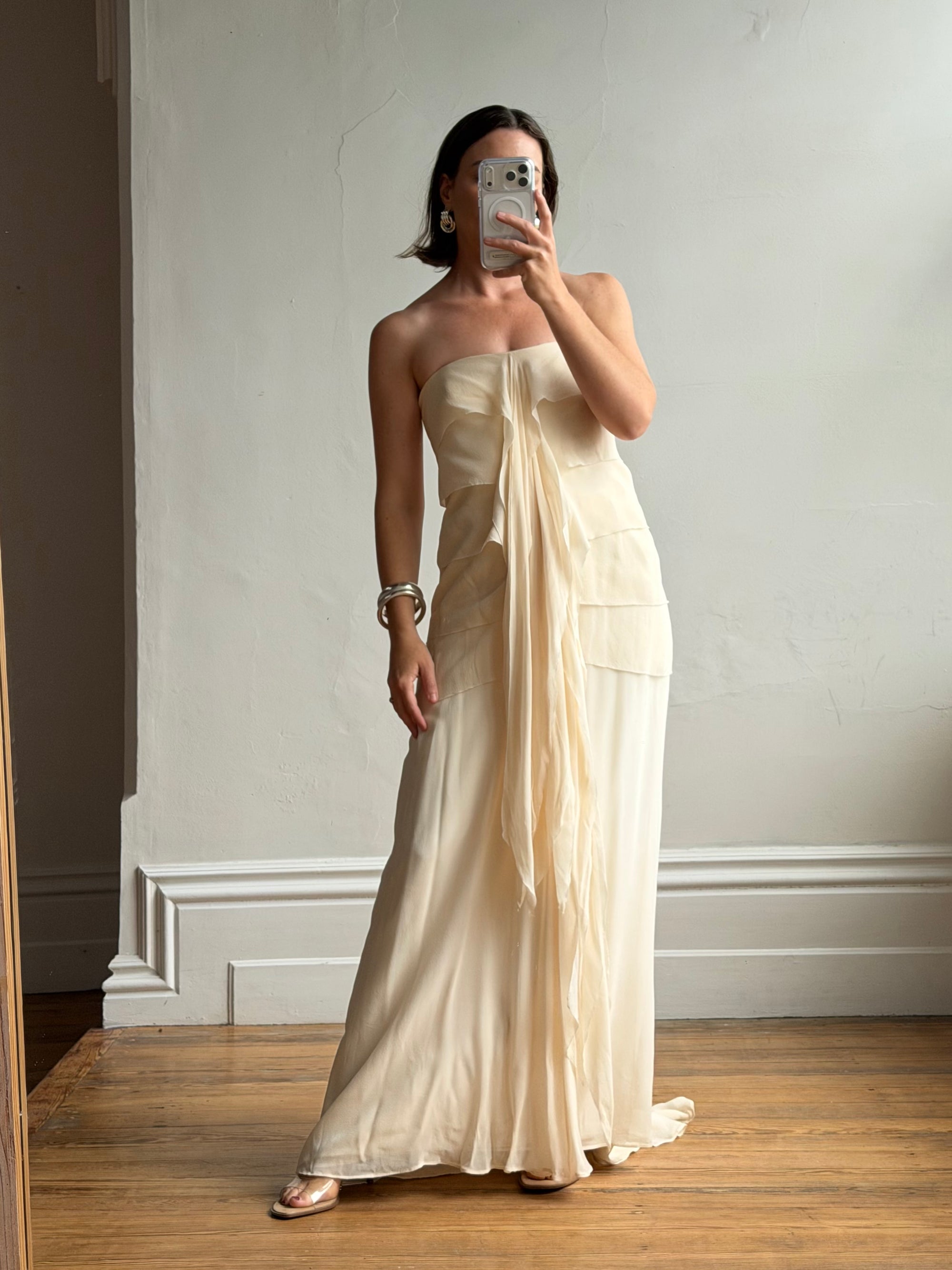 Vintage 90s Pure Silk Waterfall Strapless Bridal Gown