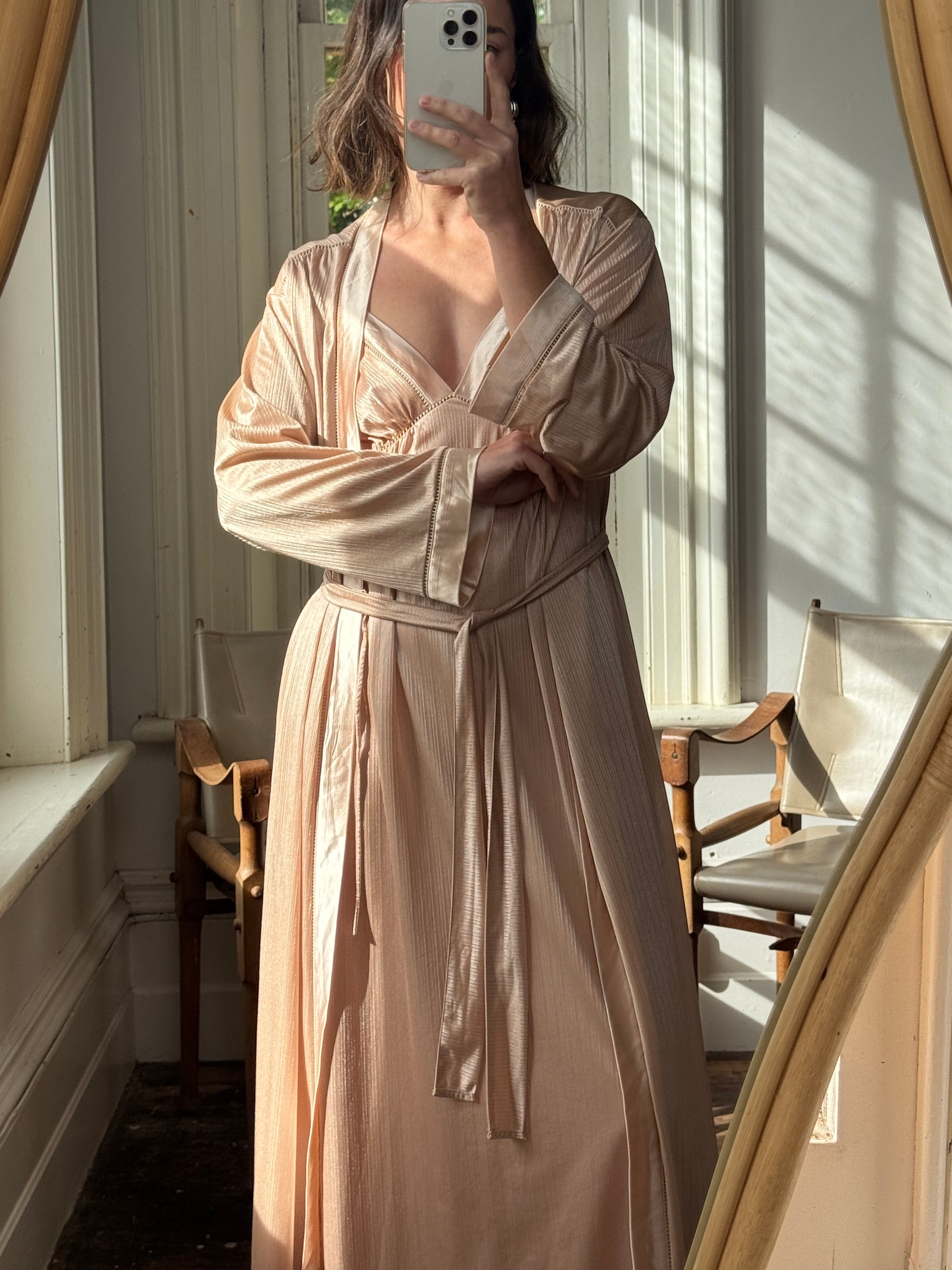 Vintage 80s Champagne Peach Robe and Slip Set