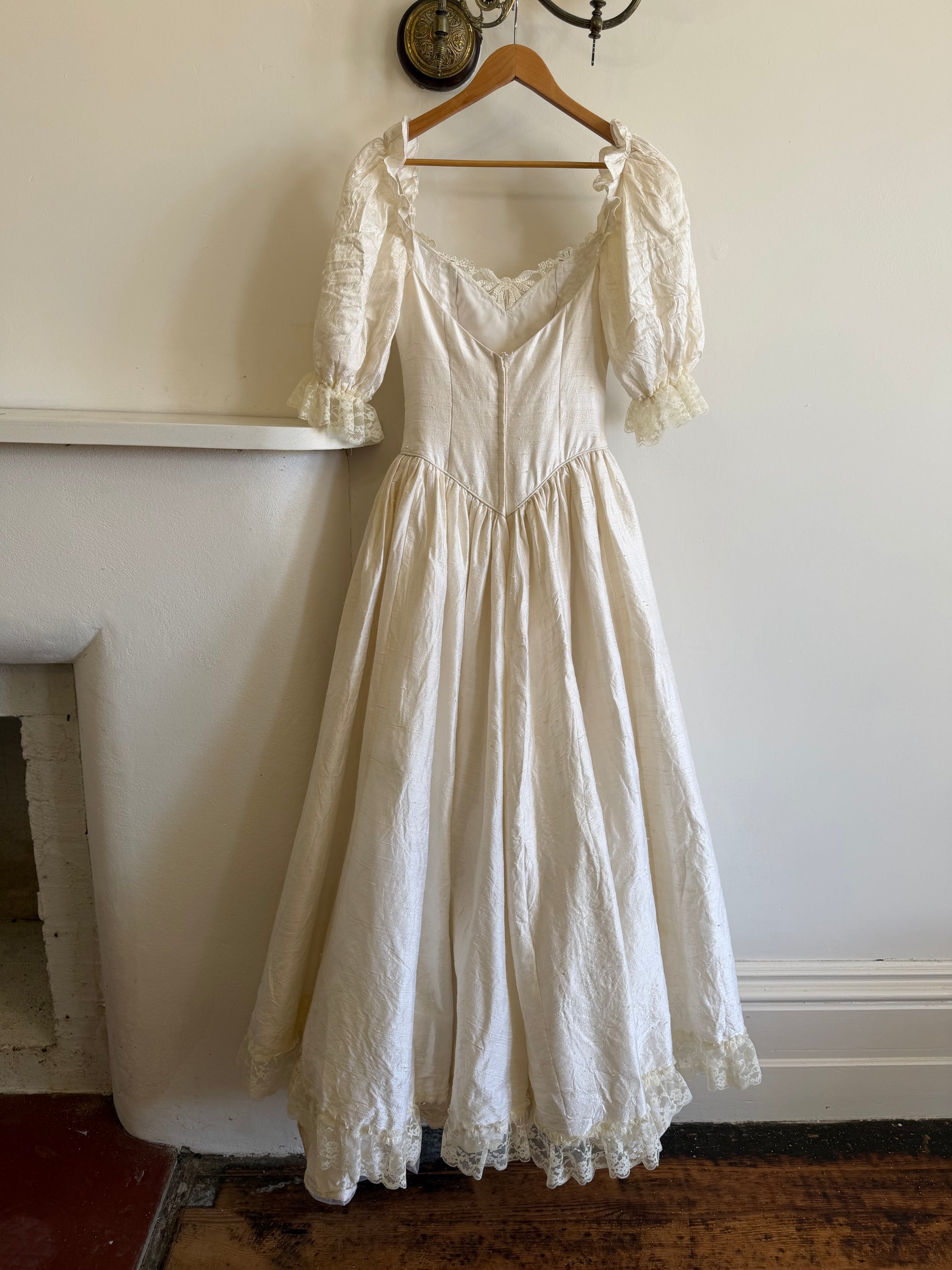 Vintage 90s Silk Puff Sleeve Embroidered Wedding Dress