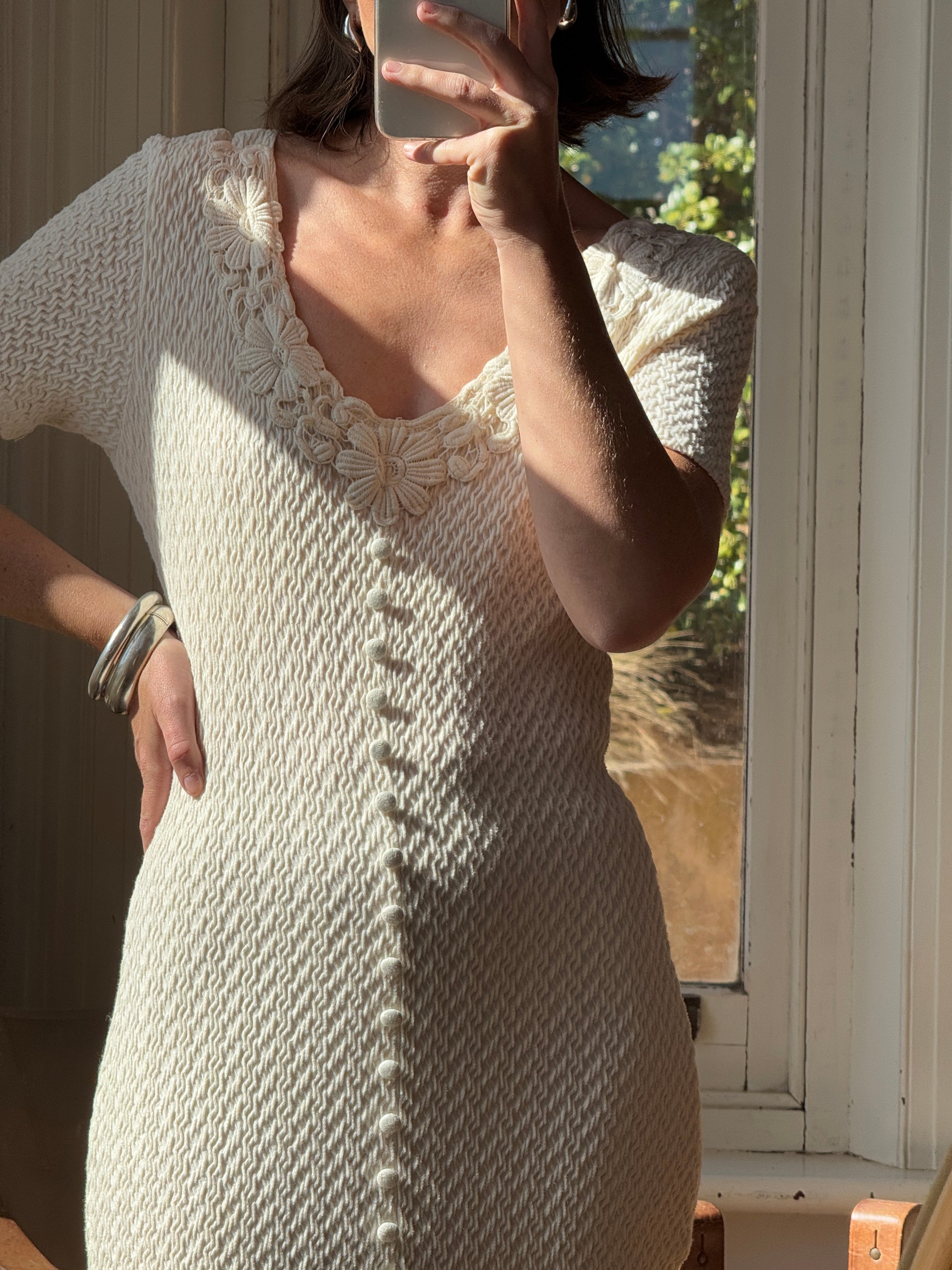 Vintage 90s Popcorn Short Sleeve Stretch Midi Ivory