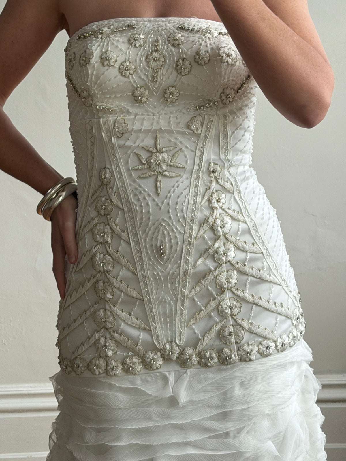 Vintage 90s Strapless Embellished Ruffled Wedding Gown