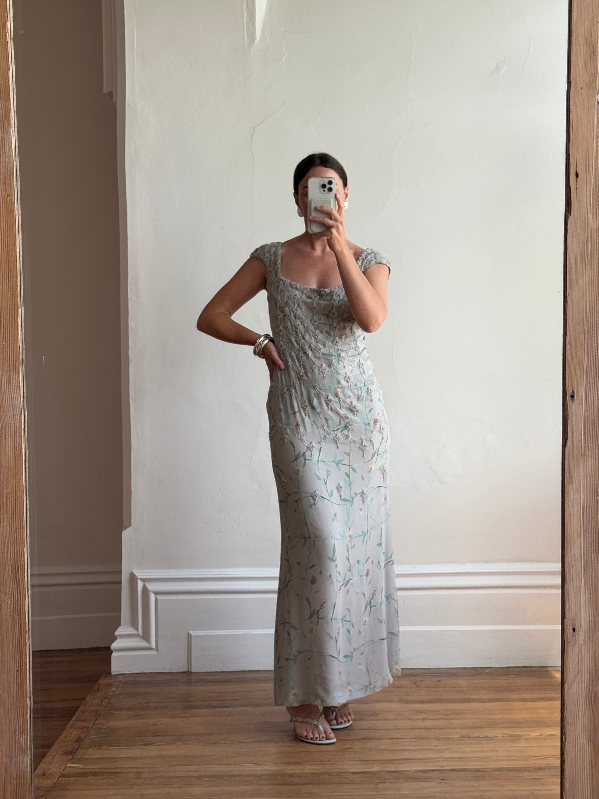 Vintage 90s Badgley Mischka Silver Pure Silk Embellished Gown