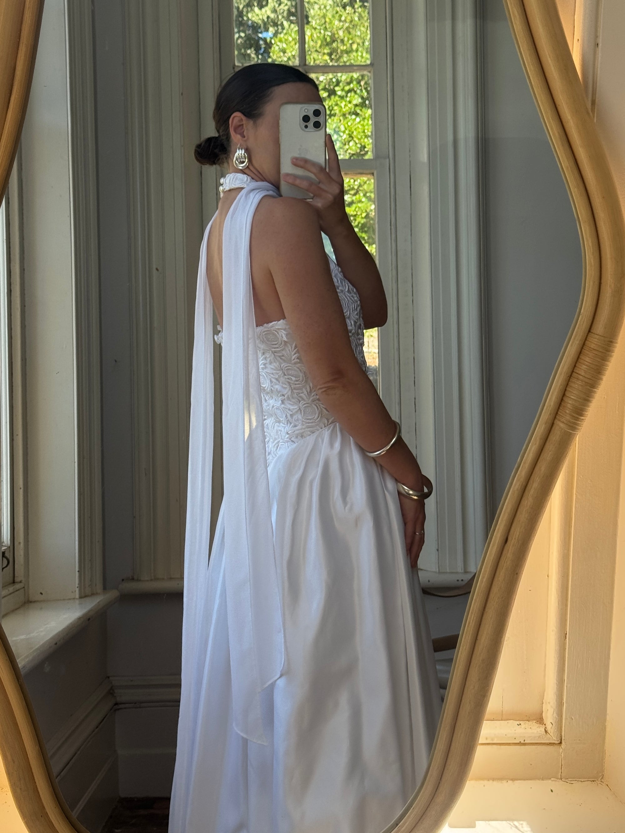 Vintage 90s Australian Made Lace Halter Satin Wedding Dress