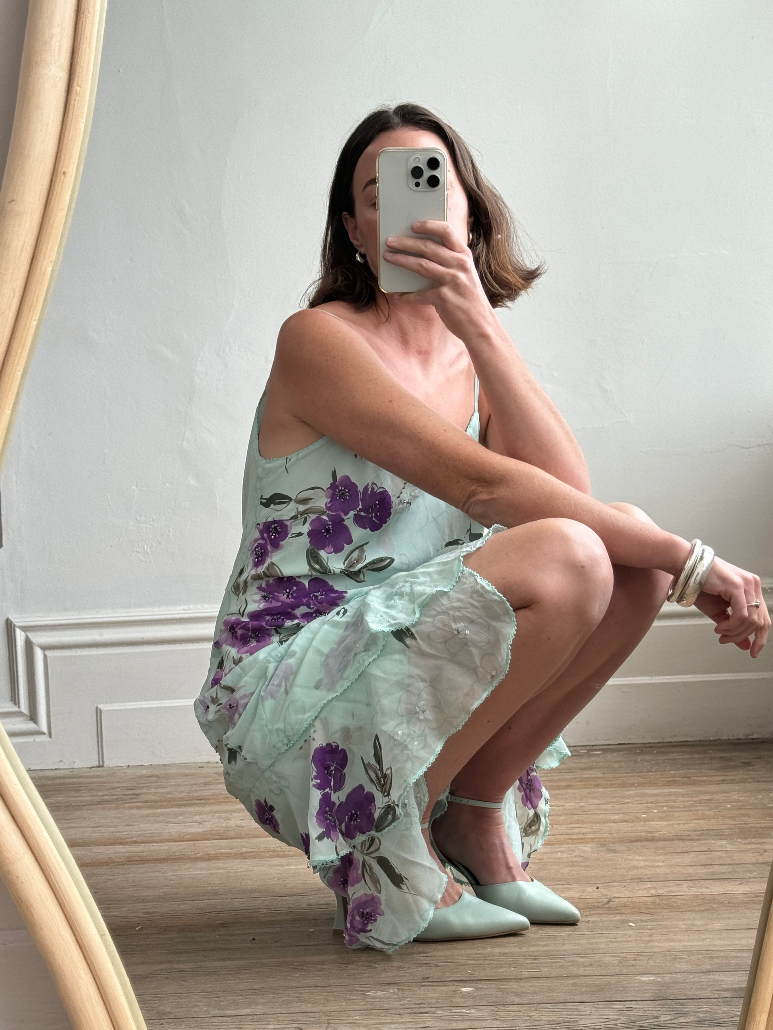 Vintage 90s Pure Silk Floral Mint Fairy Dress