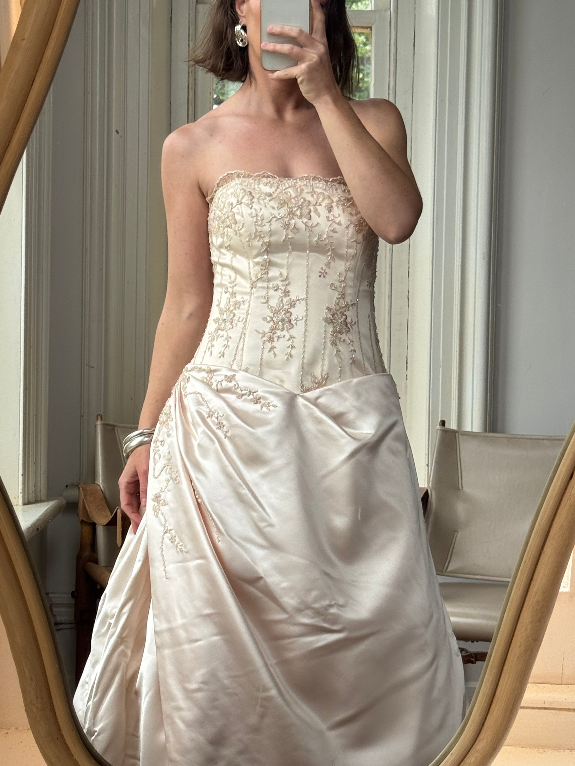 Vintage 90s Rose Crystal Encrusted Strapless Wedding Gown