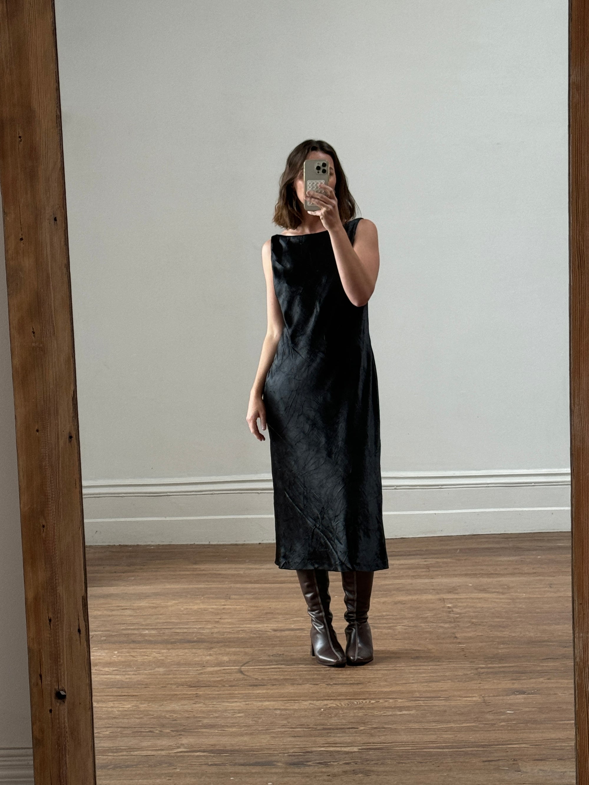 Vintage 90s Black Crinkle Midi Dress
