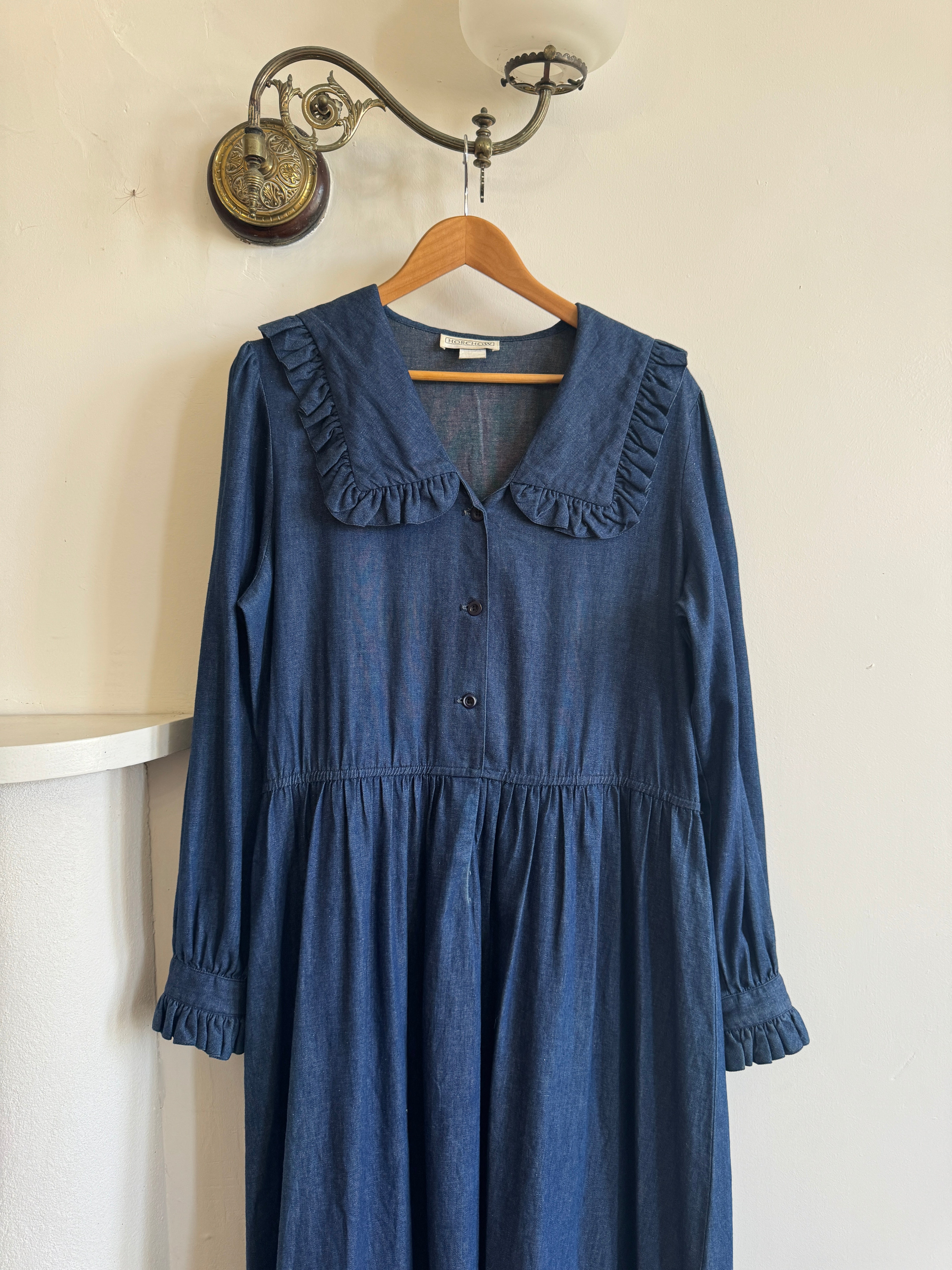 Vintage 80s Giant Collar Chambray Dress Navy