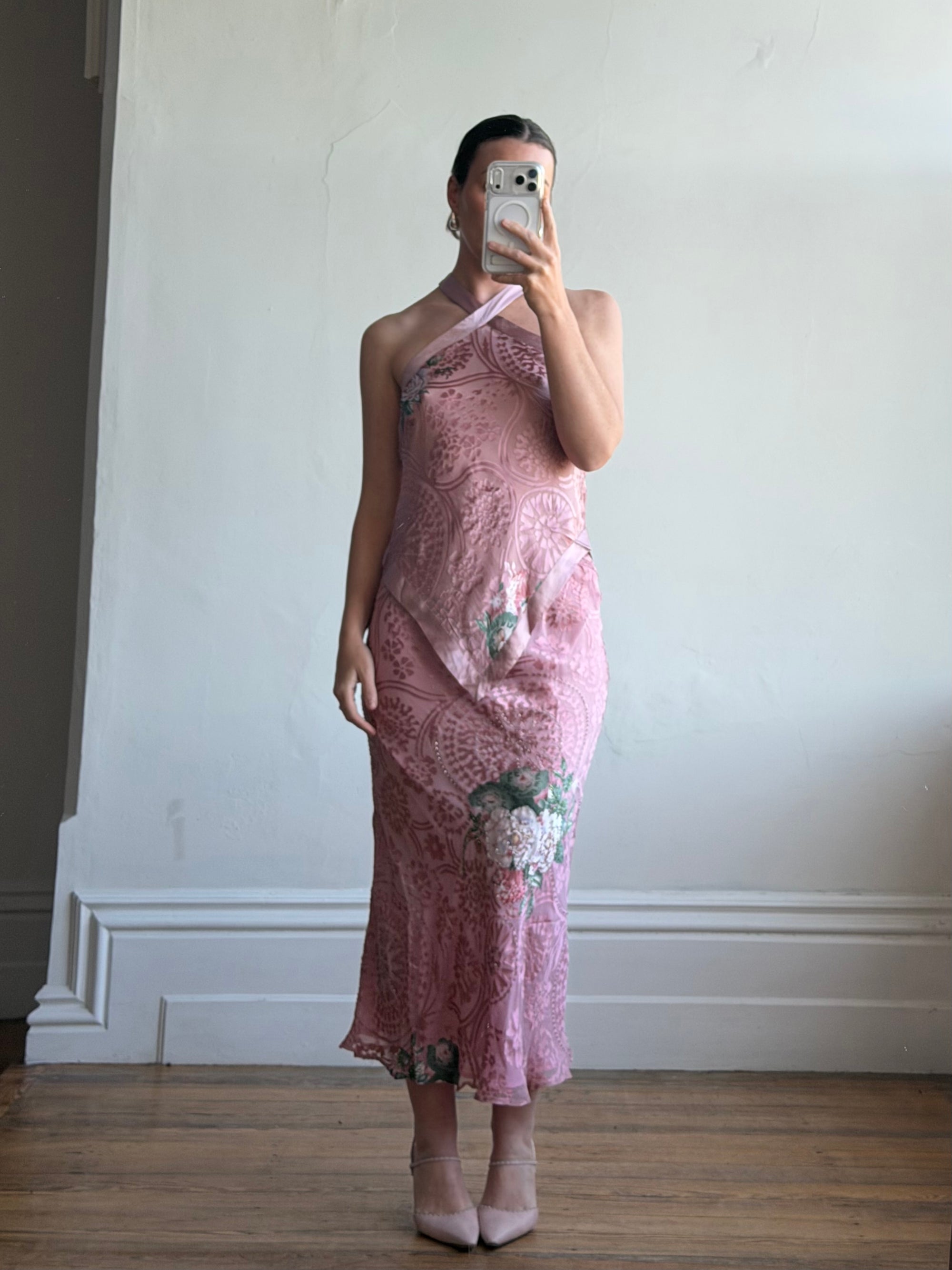 Vintage 90s Dusty Rose Floral Silk Halter Scarf Top and Skirt Set