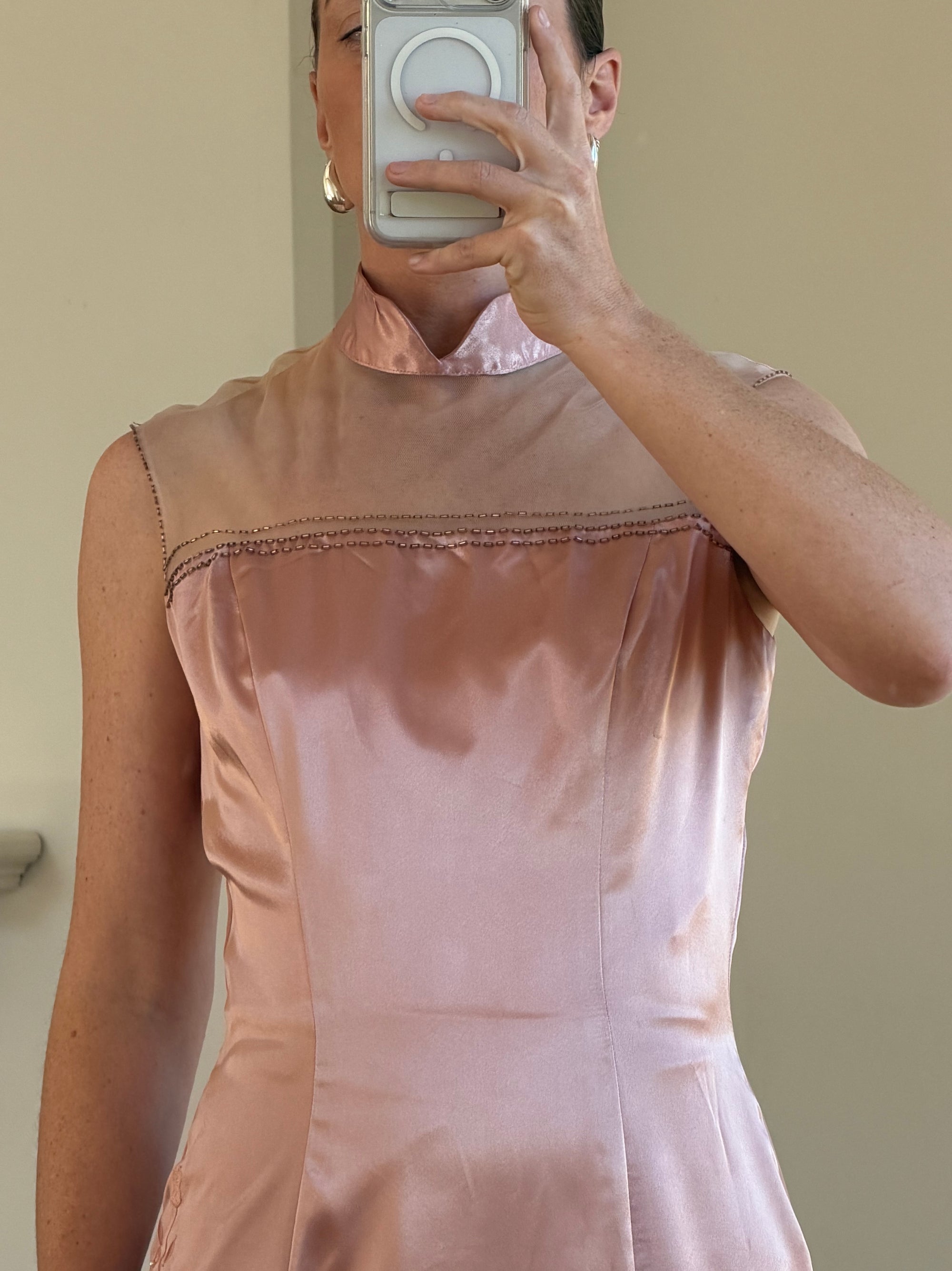 Vintage 90s Dusty Rose Satin High Neck Dress