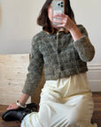 Vintage Olive Tweed Cropped Coat with Faux Fur Collar