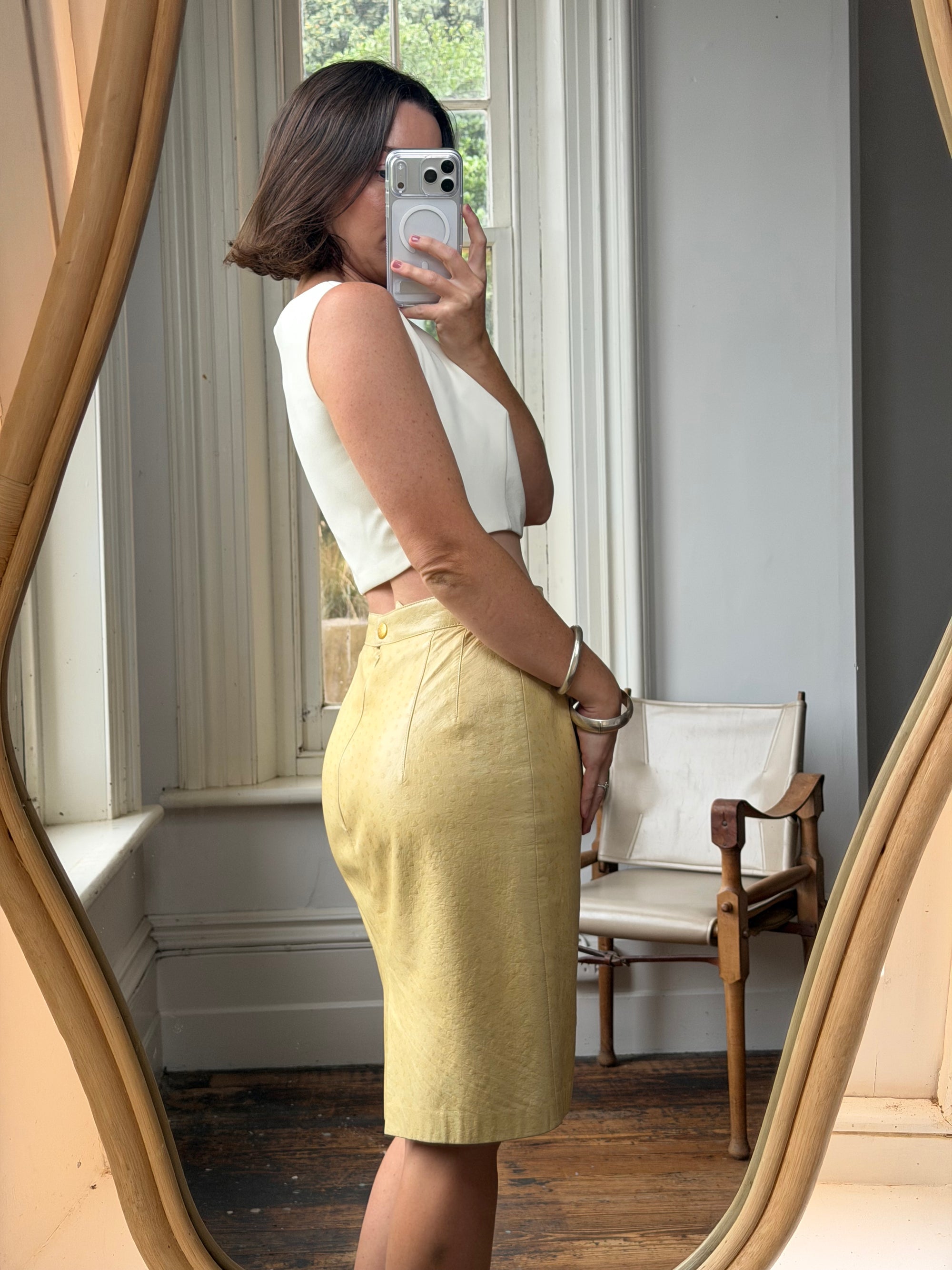 Vintage 90s Escada Butter Ostrich Leather Pencil Skirt