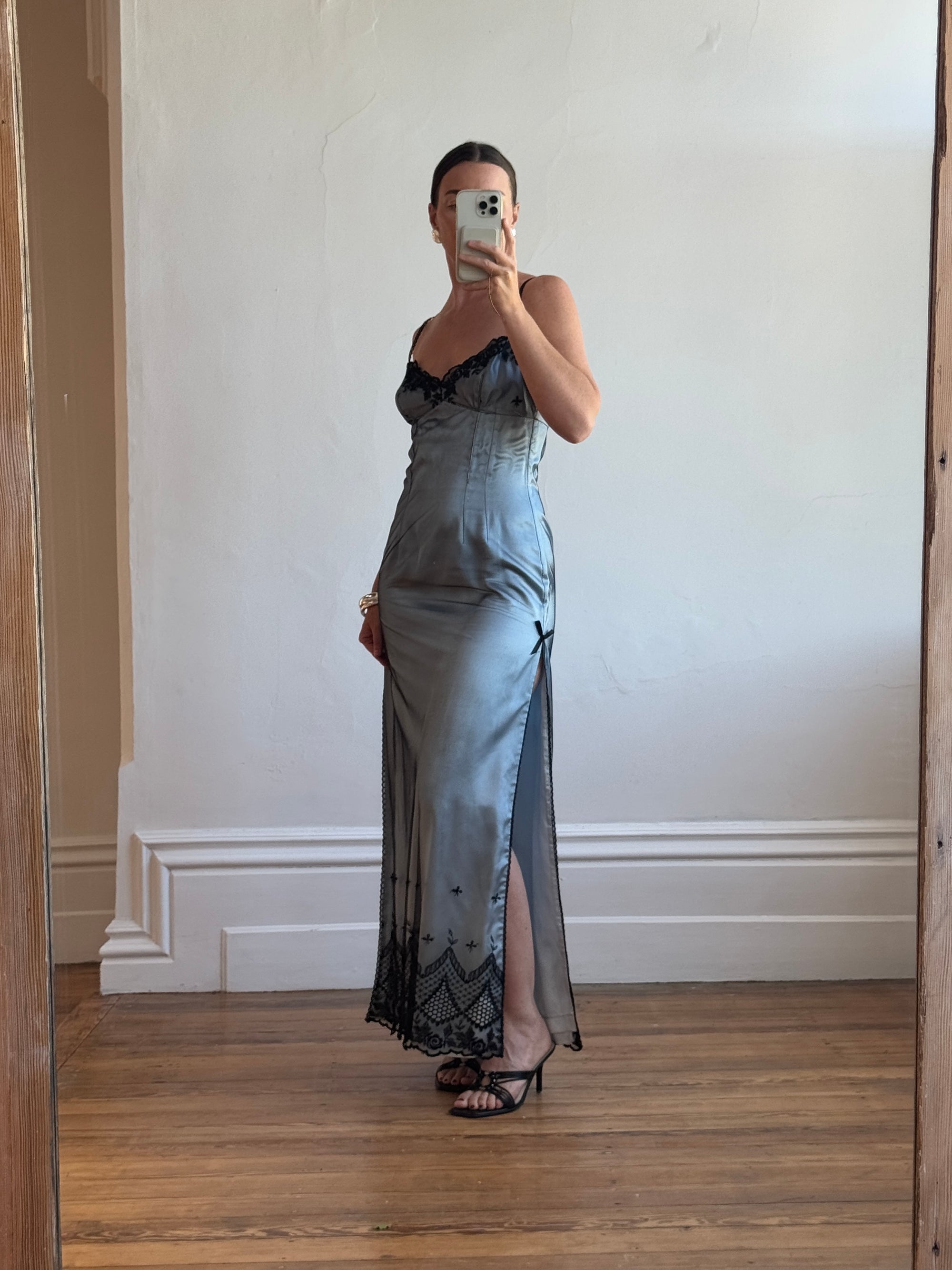 90s mesh dress Vintage 90s Mesh Strappy Slip Dress Blue Satin Noir – Call Me The Breeze
