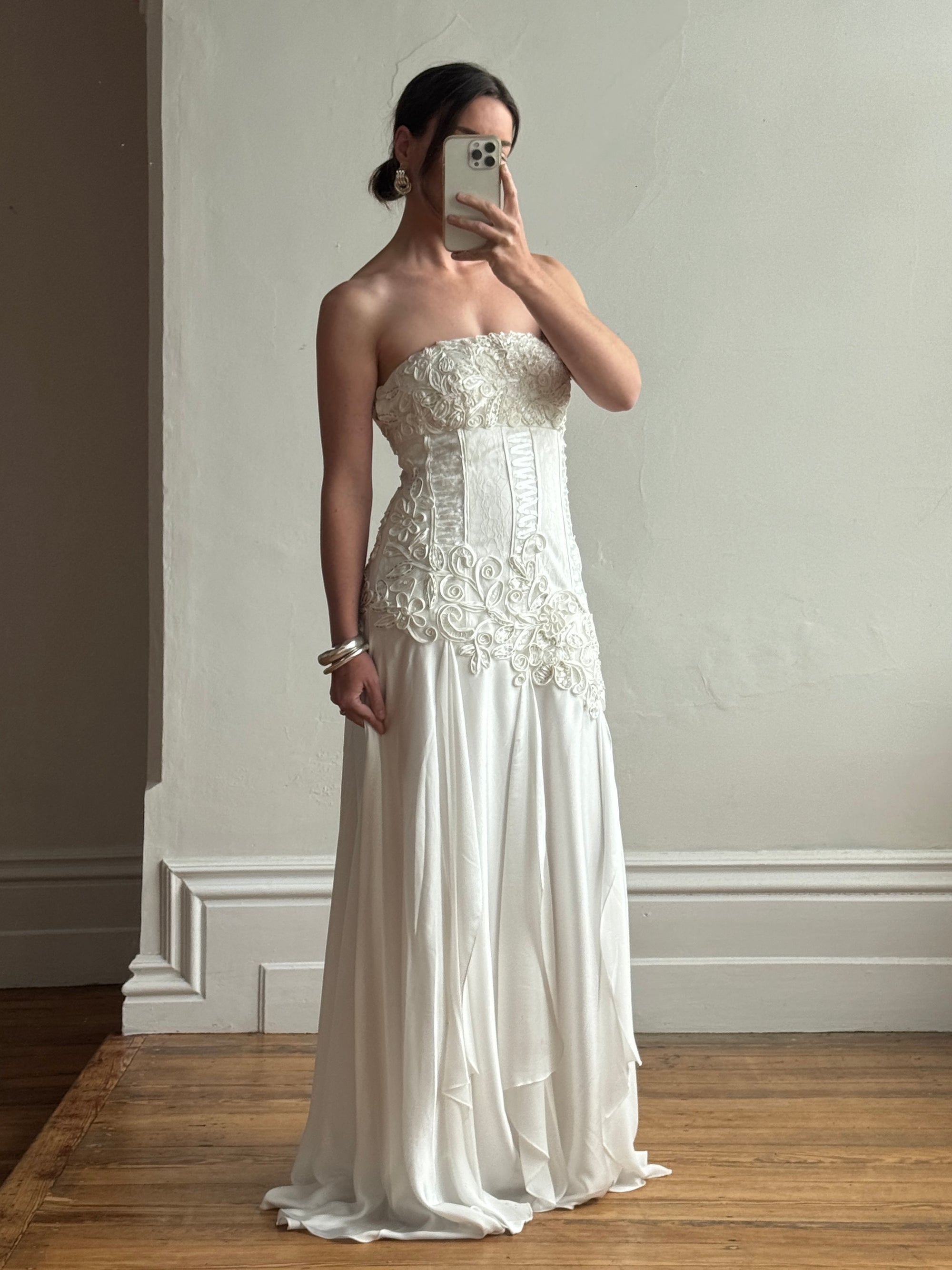 Vintage 90s Embroidered Strapless Fairy Wedding Gown