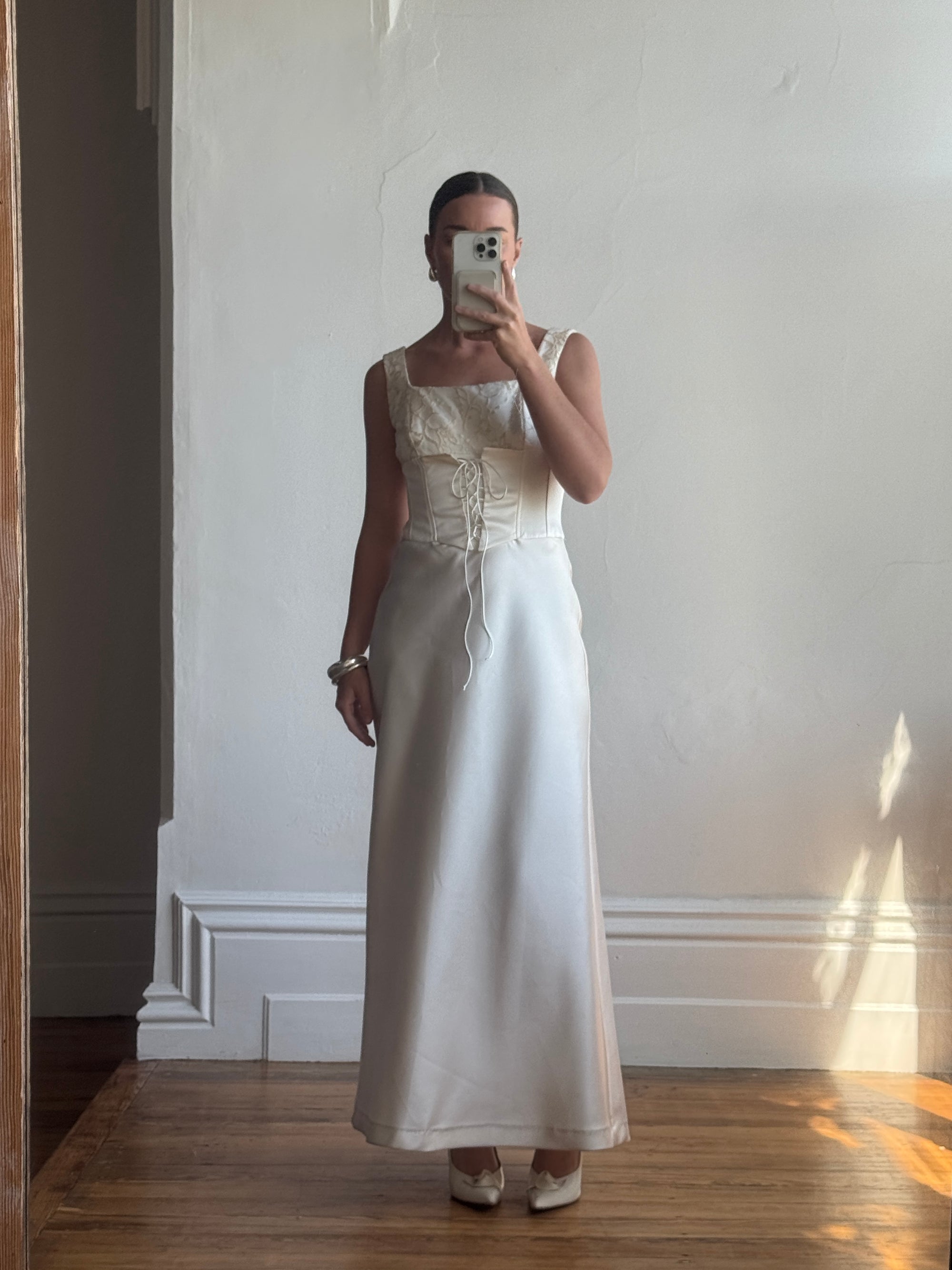 Vintage 90s Lace Up Waist Satin Column Wedding Dress