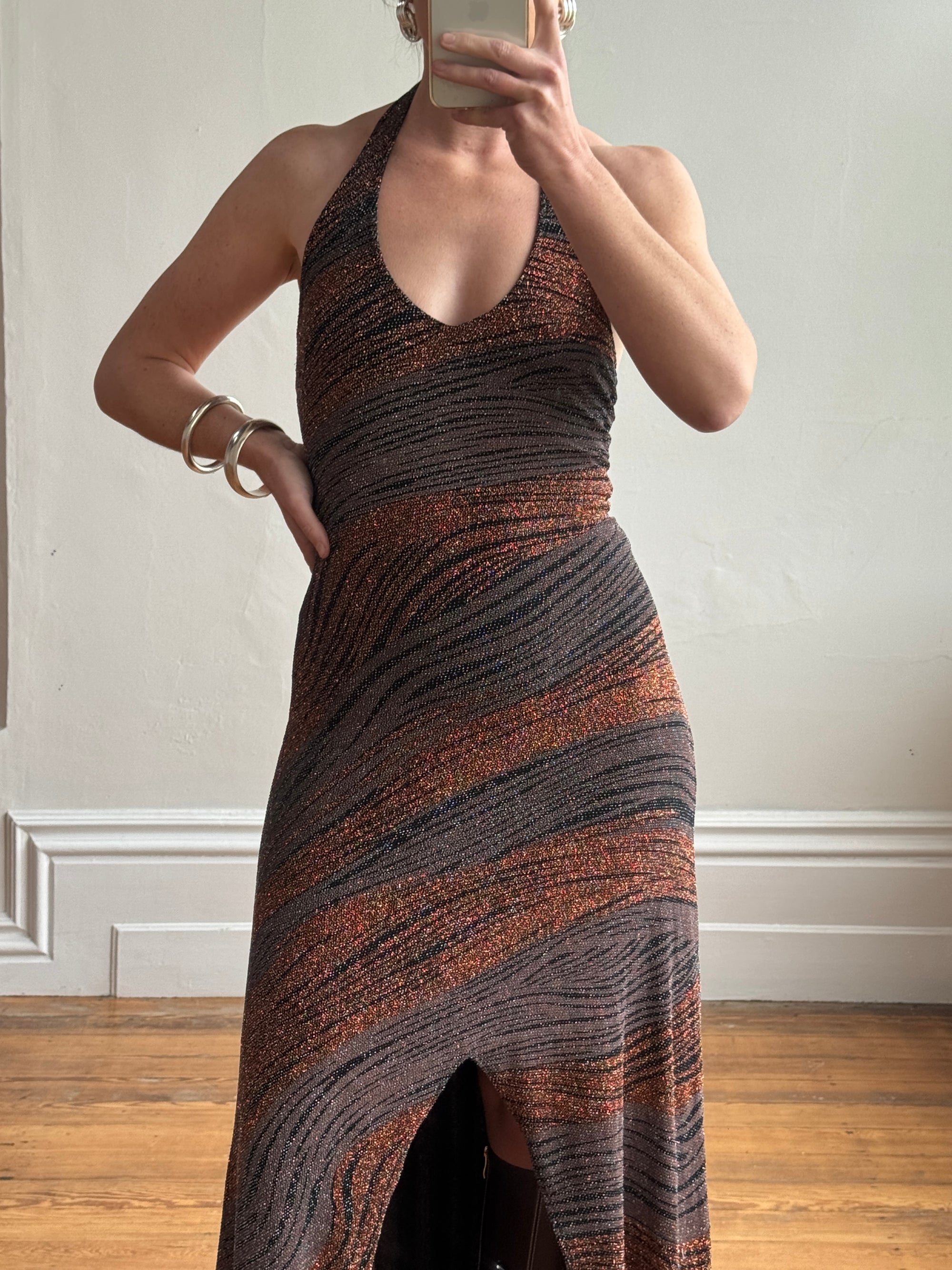 Vintage 90s Bodycon Bronze Lurex Halter Dress