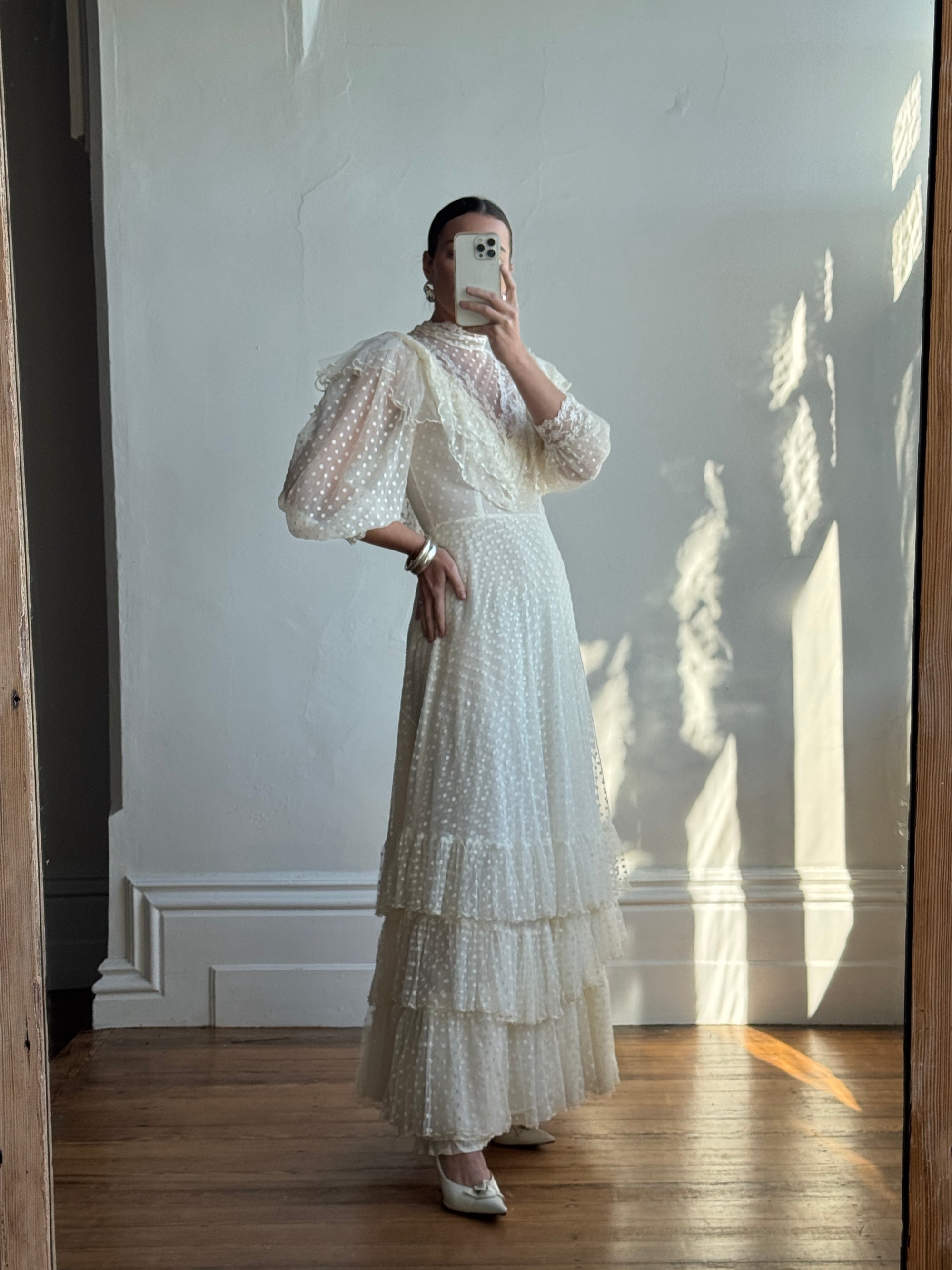 Vintage 70s Polka Sheer Tiered Wedding Dress Creme